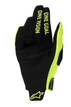 Alpinestars 2025 Radar Pro handschoenen, motorcross handschoenen, fluorgeel en zwart, palmweergave met synthetisch suède voorzien van 'ONE GOAL ONE VISION' tekst op de vingers, fluorgeel mesh zijpaneel en logo op de pols