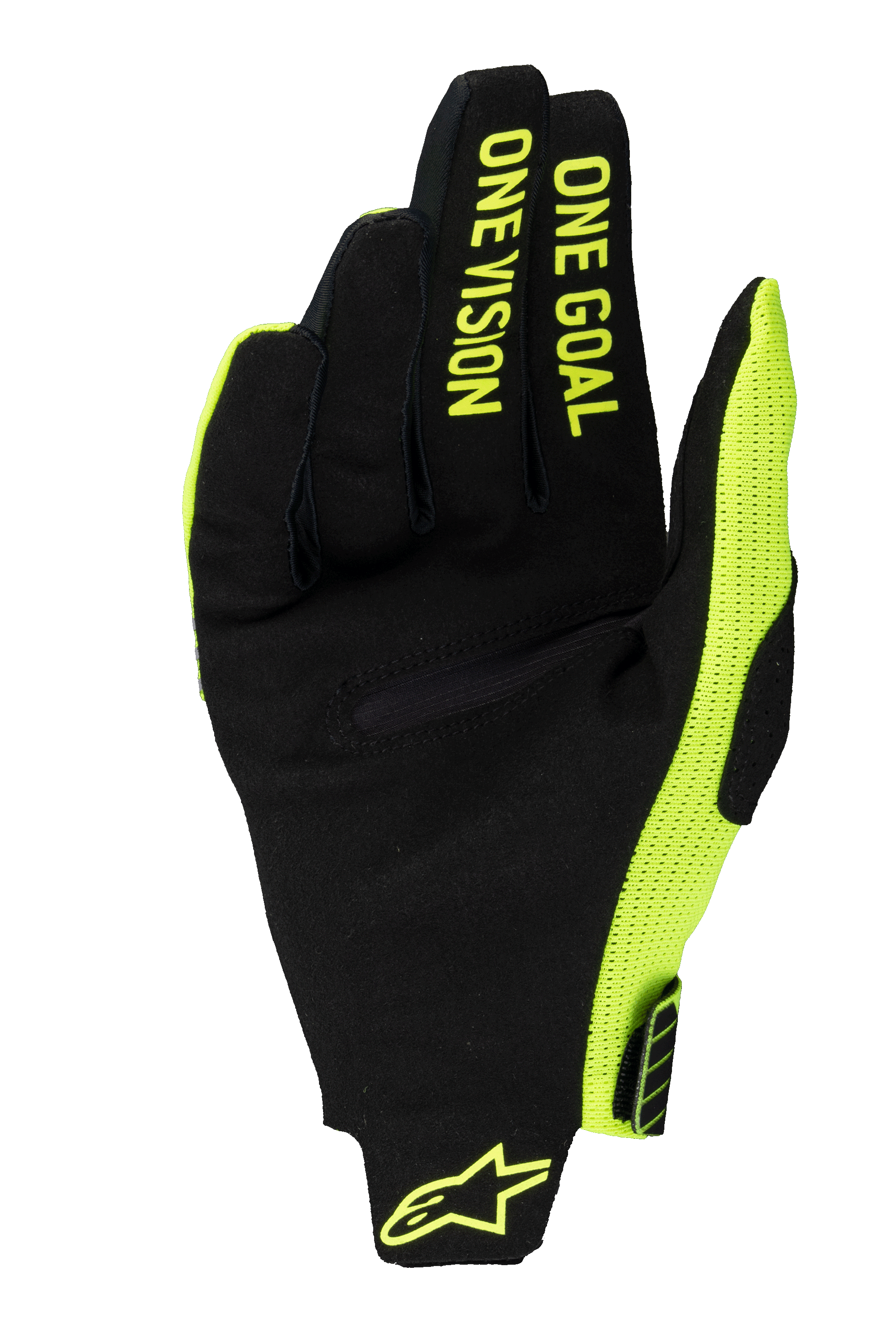 Alpinestars 2025 Radar Pro handschoenen, motorcross handschoenen, fluorgeel en zwart, palmweergave met synthetisch suède voorzien van 'ONE GOAL ONE VISION' tekst op de vingers, fluorgeel mesh zijpaneel en logo op de pols
