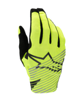 Alpinestars 2025 Radar Pro handschoenen, motorcross handschoenen, geel fluo en zwart, enkellaagse ademende mesh bovenzijde, zwart sterlogo met diagonale grijze strepen, hoogwaardige uitrusting voor off-road racen