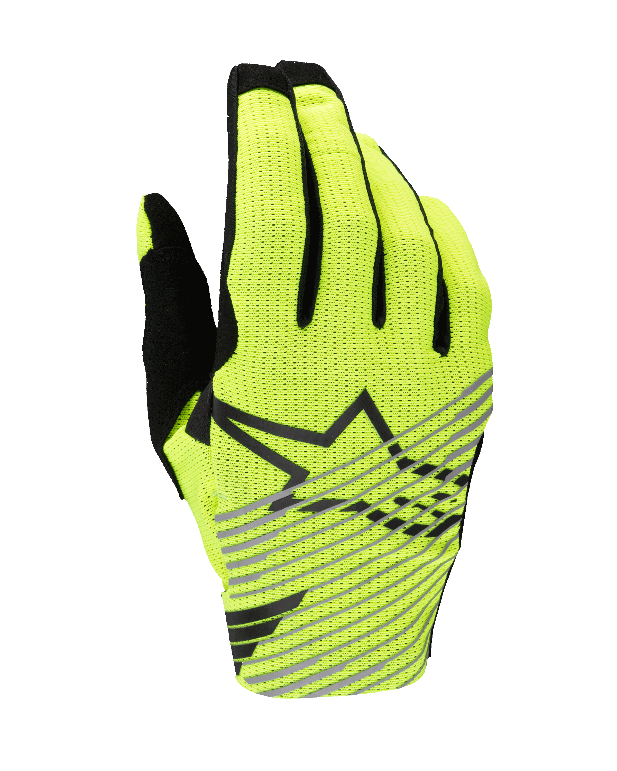 Alpinestars 2025 Radar Pro handschoenen, motorcross handschoenen, geel fluo en zwart, enkellaagse ademende mesh bovenzijde, zwart sterlogo met diagonale grijze strepen, hoogwaardige uitrusting voor off-road racen