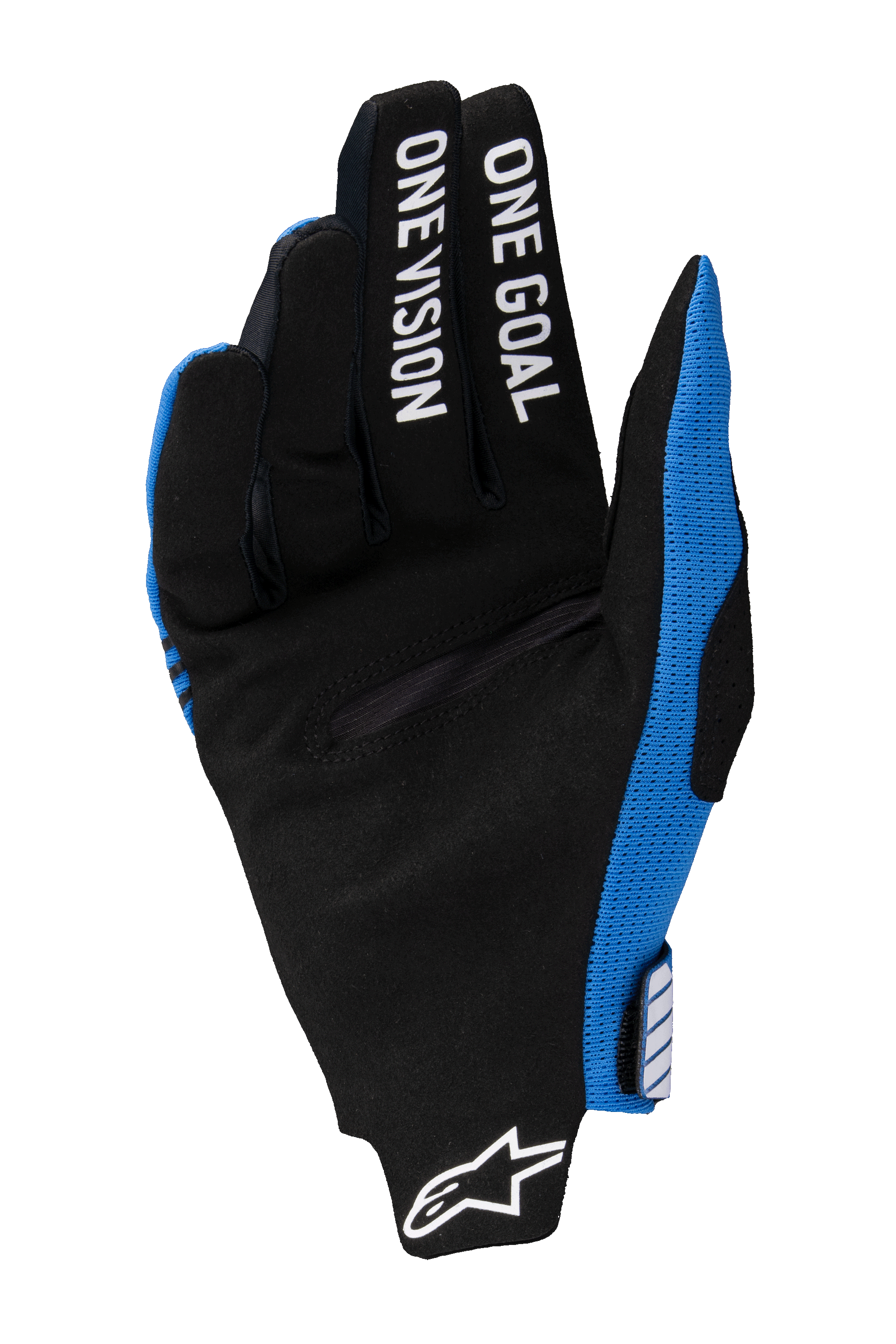 Alpinestars 2025 Radar Pro handschoenen, motorcross handschoenen, blauw en zwart, handpalmaanzicht met zwart synthetisch suède, witte 'ONE GOAL ONE VISION' tekst op de vingers, wit Alpinestars logo bij de pols, lichtgewicht off-road raceontwerp