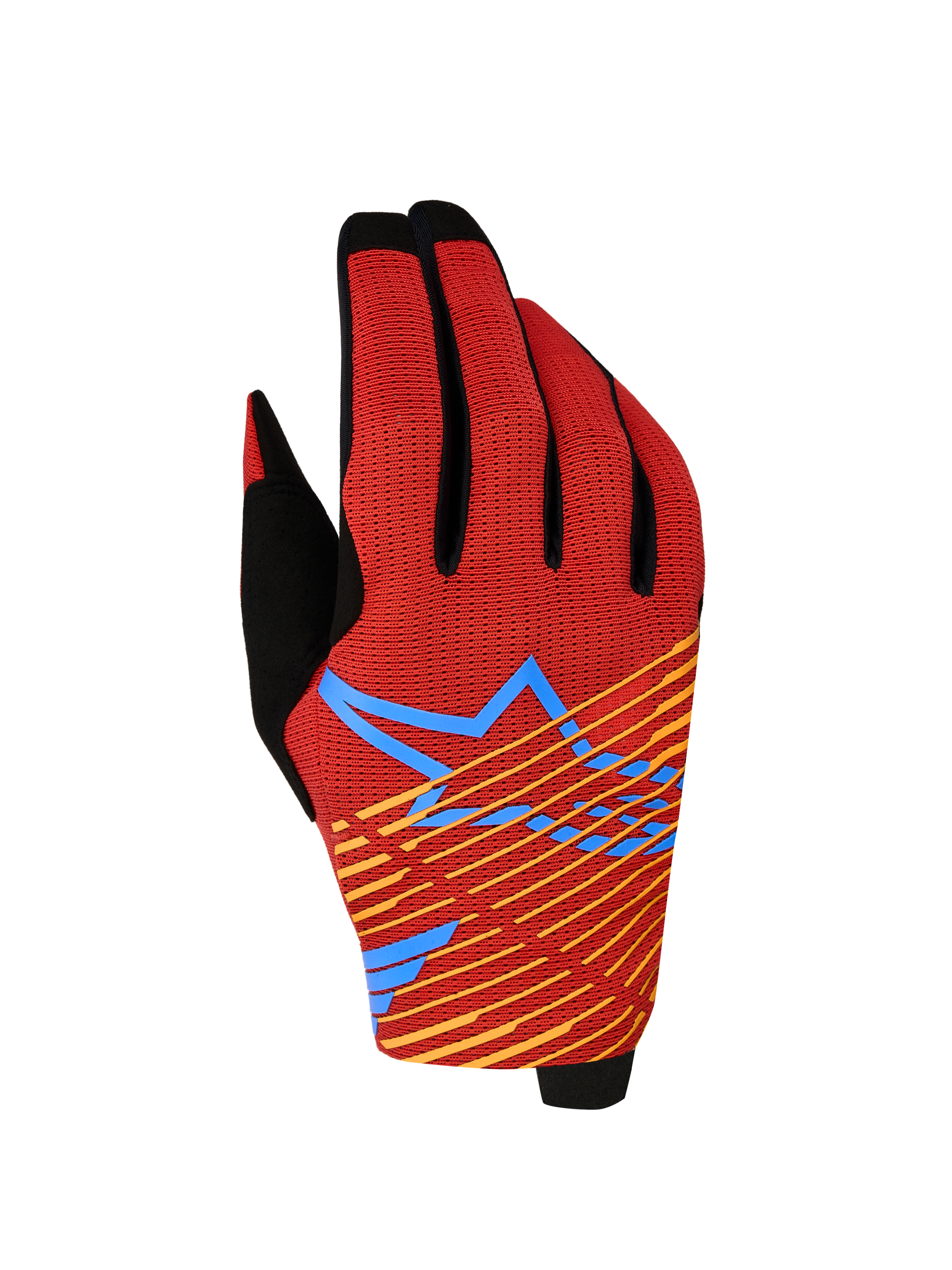 Alpinestars Radar Pro Gloves 2027, red and black motocross racing gloves with 4-way stretch mesh and star graphic.