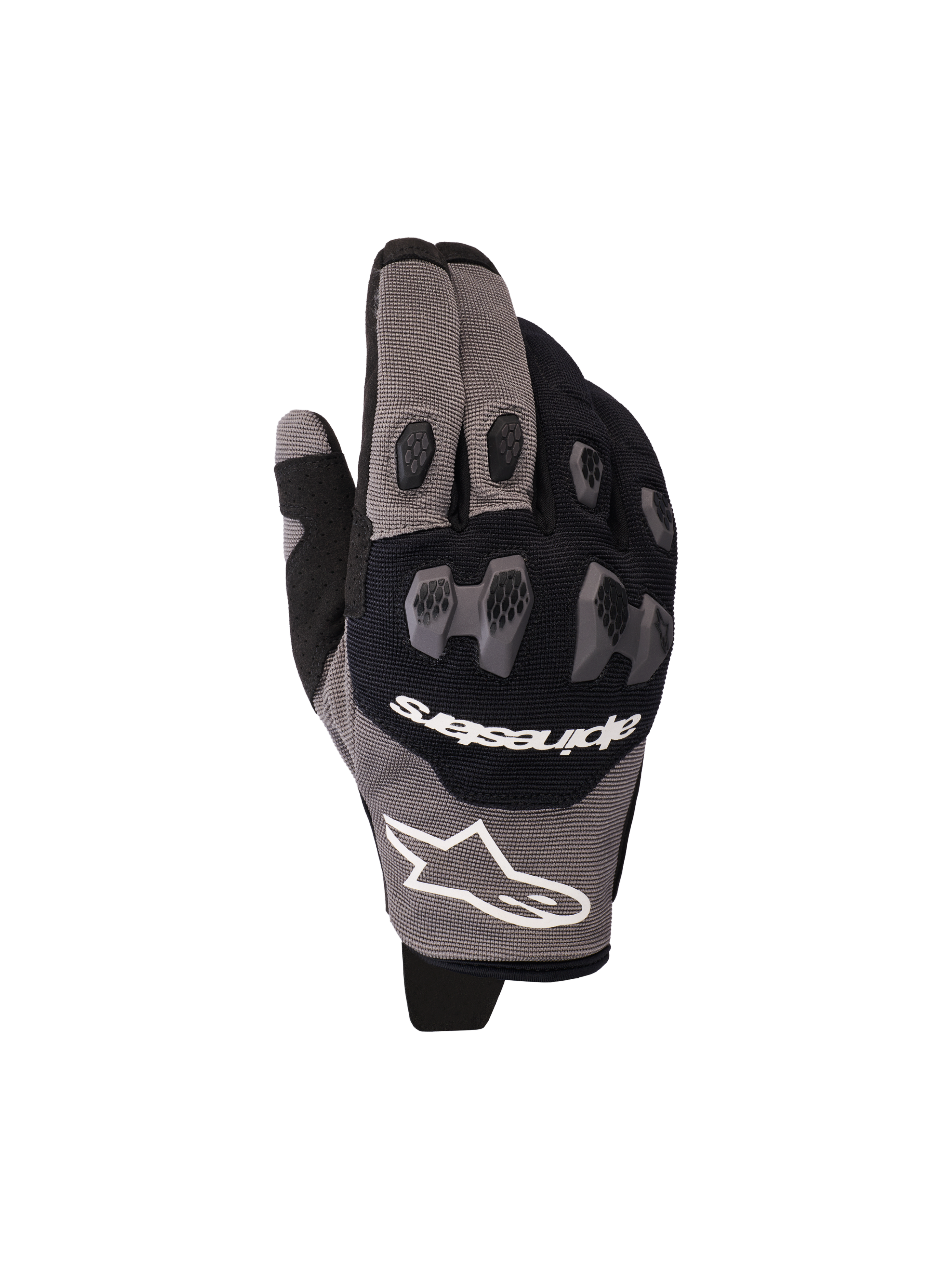 Alpinestars 2026 Pro-Dura handschoenen, motorhandschoenen, zwart en grijs, voorzien van tweedelige TPR-knokkelbescherming met een zeshoekig patroon, wit Alpinestars-logo, mesh en multi-panel stretchconstructie, ontworpen voor enduro- en off-roadprestaties.