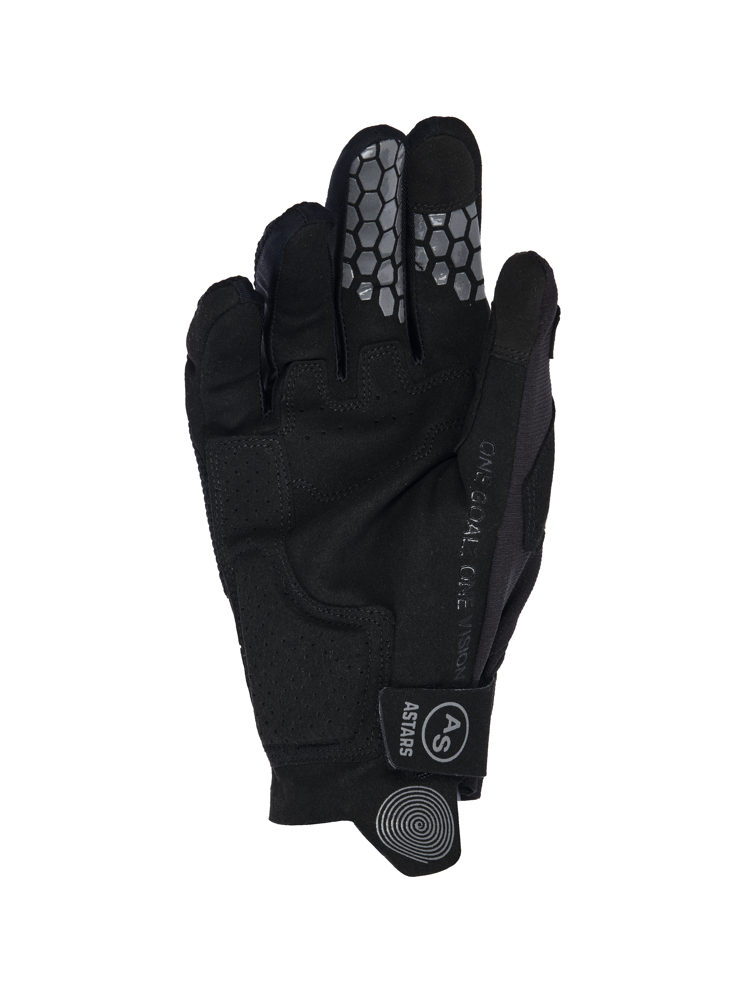 Alpinestars 2026 Pro-Dura Gloves, palm view, Black synthetic suede with perforated reinforcements, honeycomb silicone grip on index and middle fingers, 'ONE GOAL. ONE VISION' text, and wrist strap with Astars logo.
