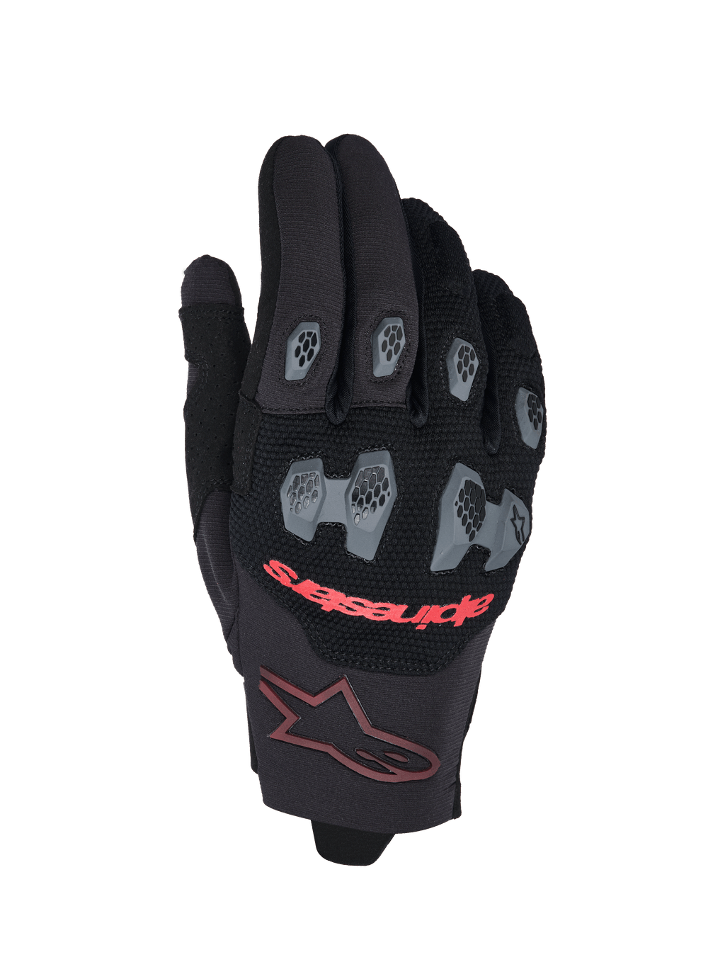 Alpinestars 2026 Pro-Dura Gloves, Motocross and Enduro Gloves, Black and Bright Red, featuring gray TPR knuckle and finger guards with a hexagonal pattern, breathable mesh backhand, red Alpinestars text, and a maroon star logo on the cuff