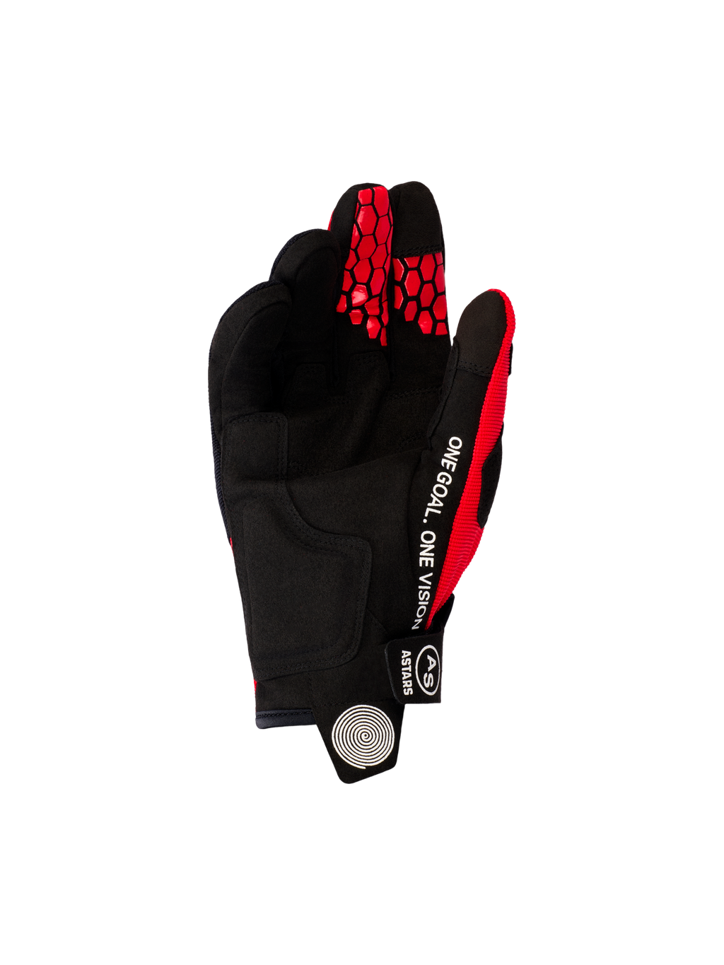 Alpinestars 2026 Pro-Dura Gloves, Motocross and Enduro Gloves, Bright Red and Black, palm side view featuring black synthetic suede, white 'ONE GOAL. ONE VISION' text on the side, and red honeycomb patterns on the fingertips.