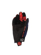 Alpinestars 2026 Pro-Dura handschoenen, handpalmzijde, Navy Hot Orange en wit, zwarte synthetische suède handpalm met oranje zeshoekige siliconen grip op de vingers, oranje 'ONE GOAL. ONE VISION.' tekst en zwarte polssluiting met witte branding.