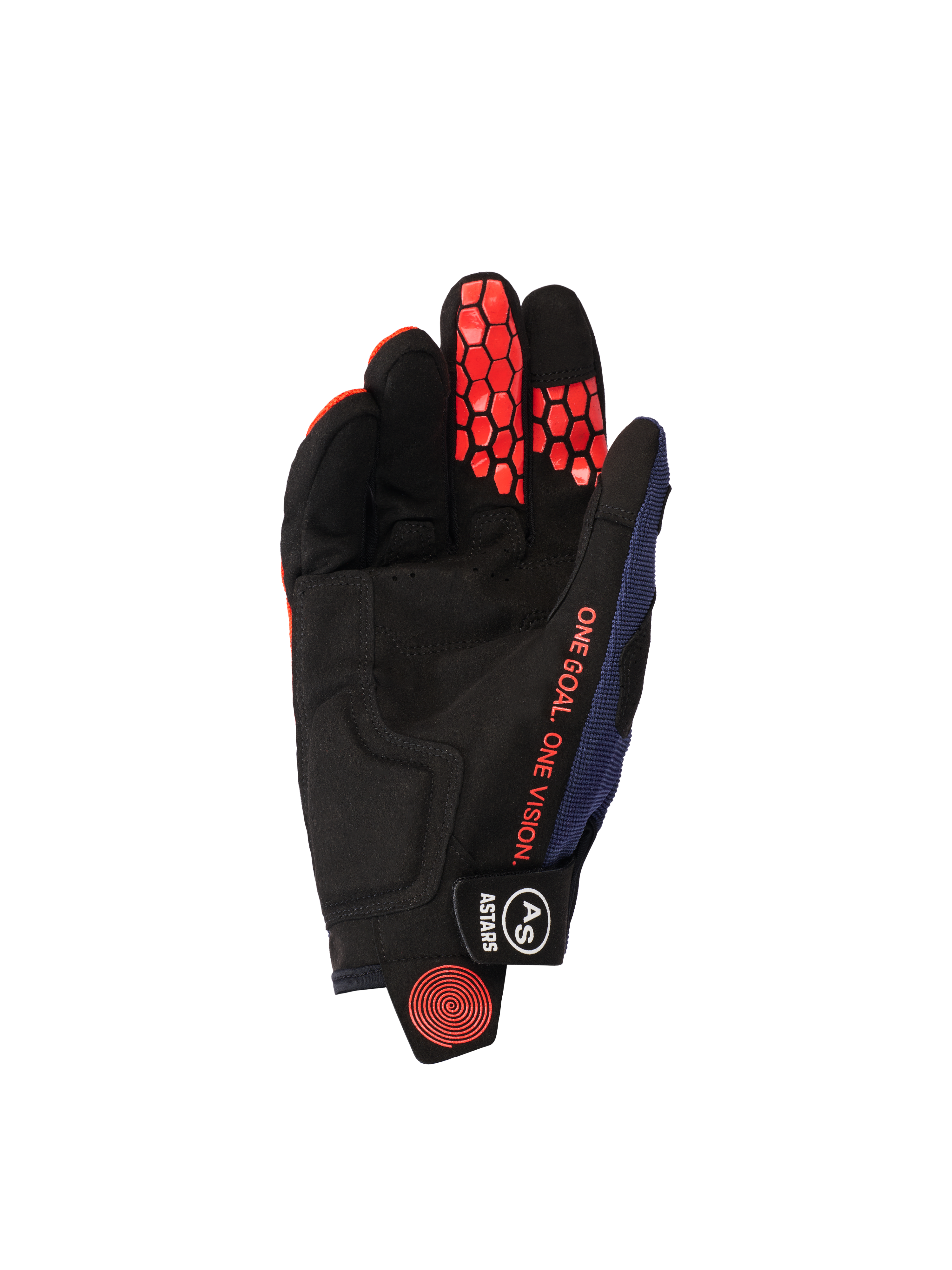 Alpinestars 2026 Pro-Dura handschoenen, handpalmzijde, Navy Hot Orange en wit, zwarte synthetische suède handpalm met oranje zeshoekige siliconen grip op de vingers, oranje 'ONE GOAL. ONE VISION.' tekst en zwarte polssluiting met witte branding.