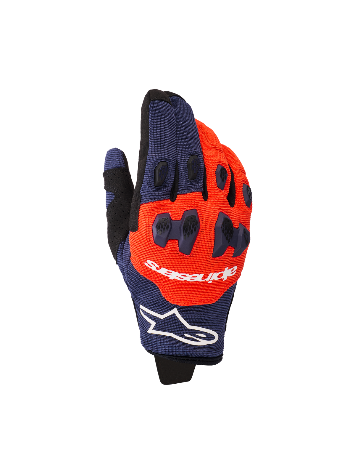 Alpinestars 2026 Pro-Dura handschoenen, motorcross- en endurohandschoenen, donkerblauw en feloranje met witte accenten, voorzien van tweedelige TPR-knokkelbescherming, Alpinestars-branding op de rugzijde en een flexibele multi-panel constructie