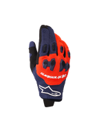 Alpinestars 2026 Pro-Dura handschoenen, motorcross- en endurohandschoenen, donkerblauw en feloranje met witte accenten, voorzien van tweedelige TPR-knokkelbescherming, Alpinestars-branding op de rugzijde en een flexibele multi-panel constructie