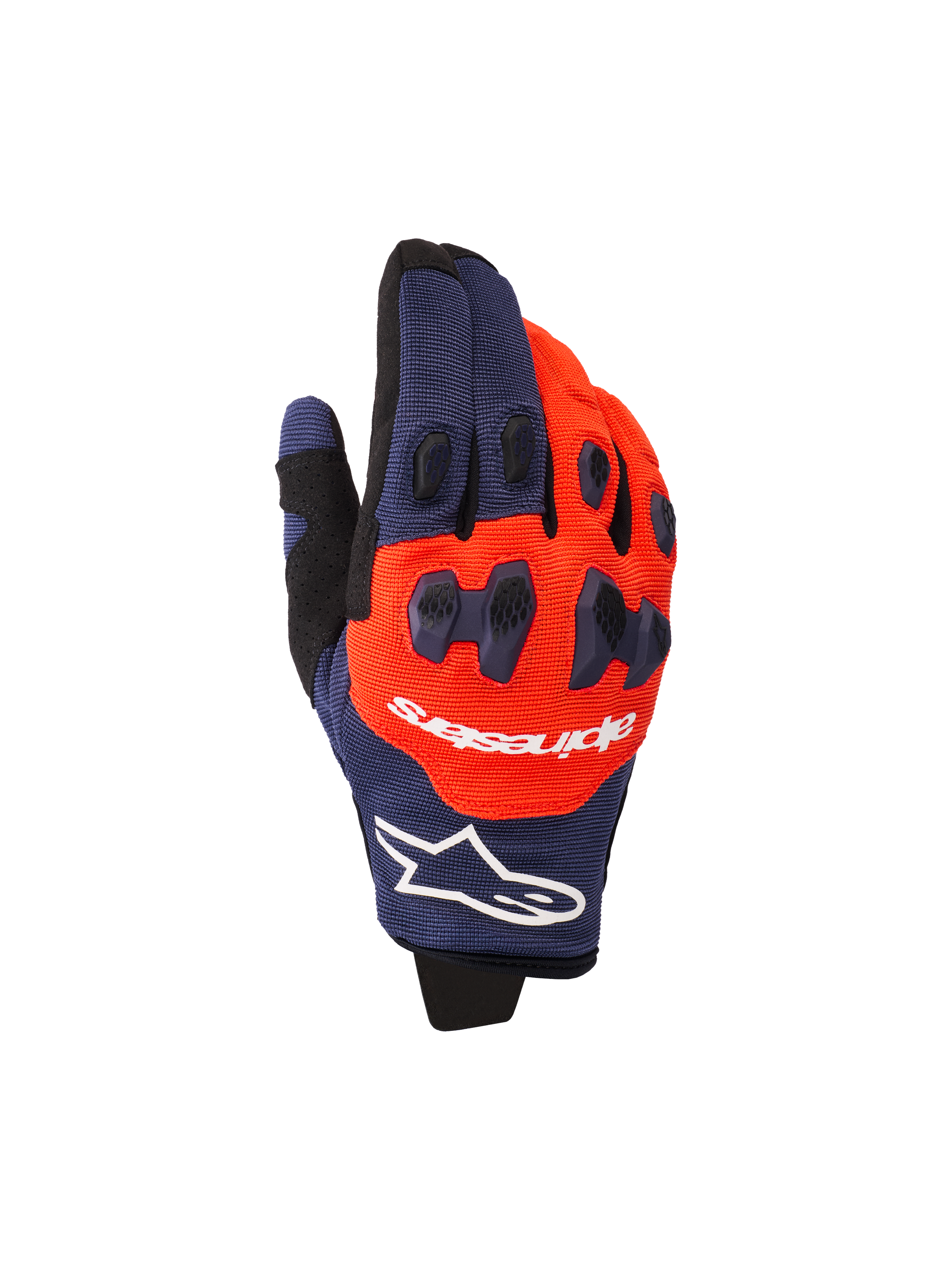Alpinestars 2026 Pro-Dura handschoenen, motorcross- en endurohandschoenen, donkerblauw en feloranje met witte accenten, voorzien van tweedelige TPR-knokkelbescherming, Alpinestars-branding op de rugzijde en een flexibele multi-panel constructie