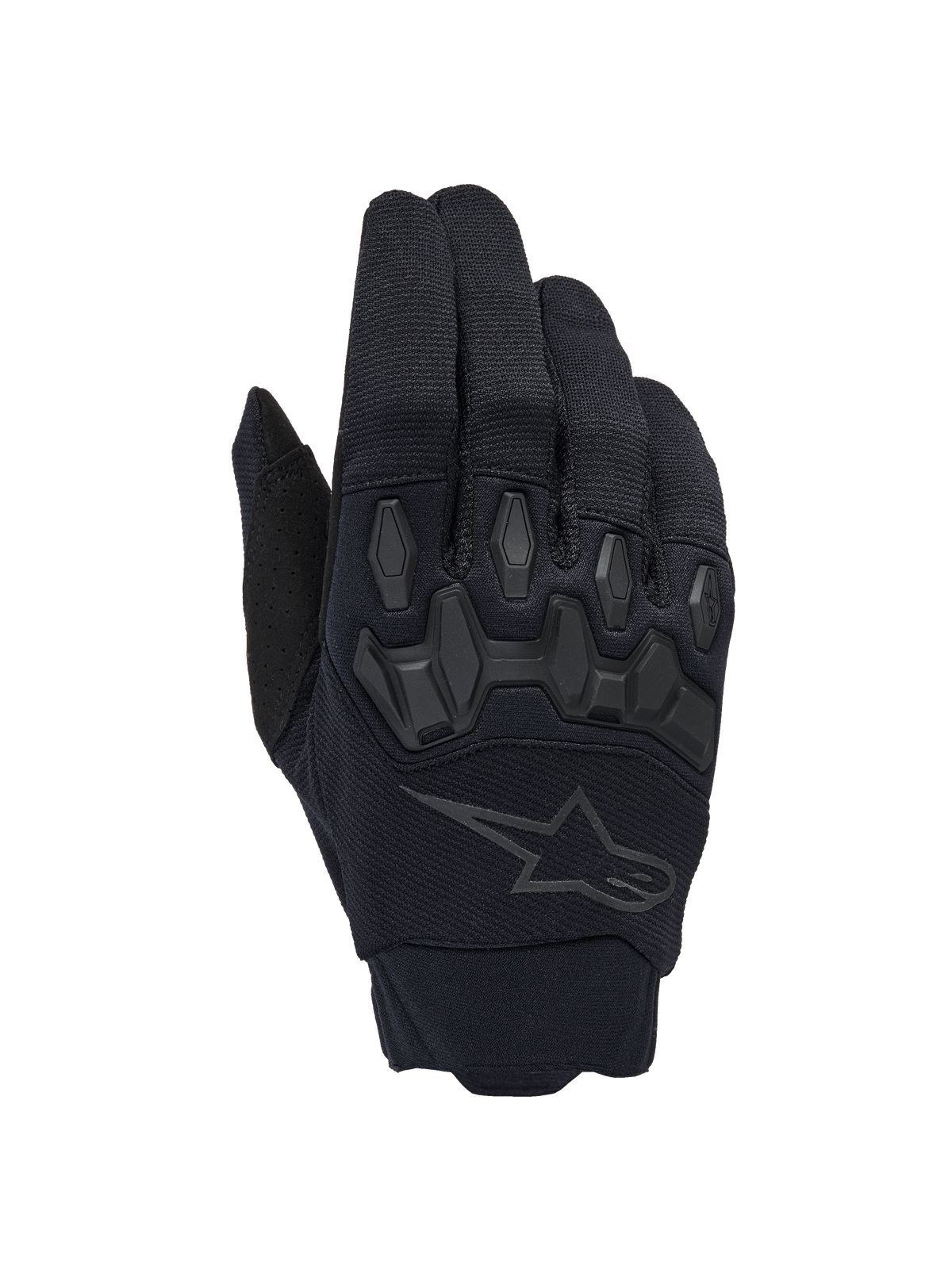 Alpinestars Full Bore V2 Gloves, Black Motocross Gloves, featuring ergonomic TPR knuckle protectors and breathable stretch fabric, subtle black star logo on the backhand, high-performance off-road gear
