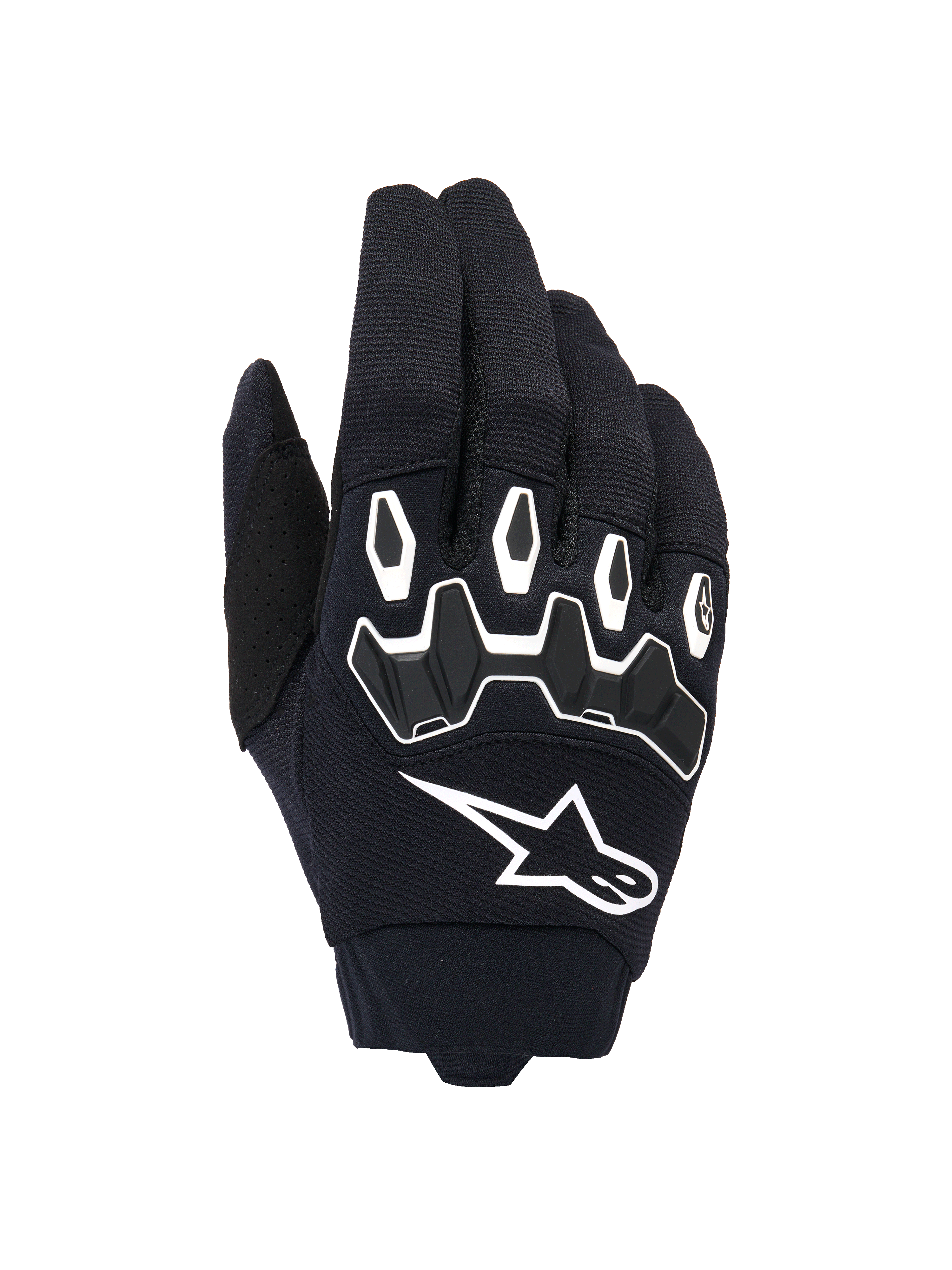 Alpinestars Full Bore V2 handschoenen, motorcrosshandschoenen, zwart en wit, bovenzijde met ergonomische TPR-knokkelbescherming met zeshoekige vormen, wit Alpinestars-logo, ademende stretch textielconstructie, duurzame off-road race-uitrusting