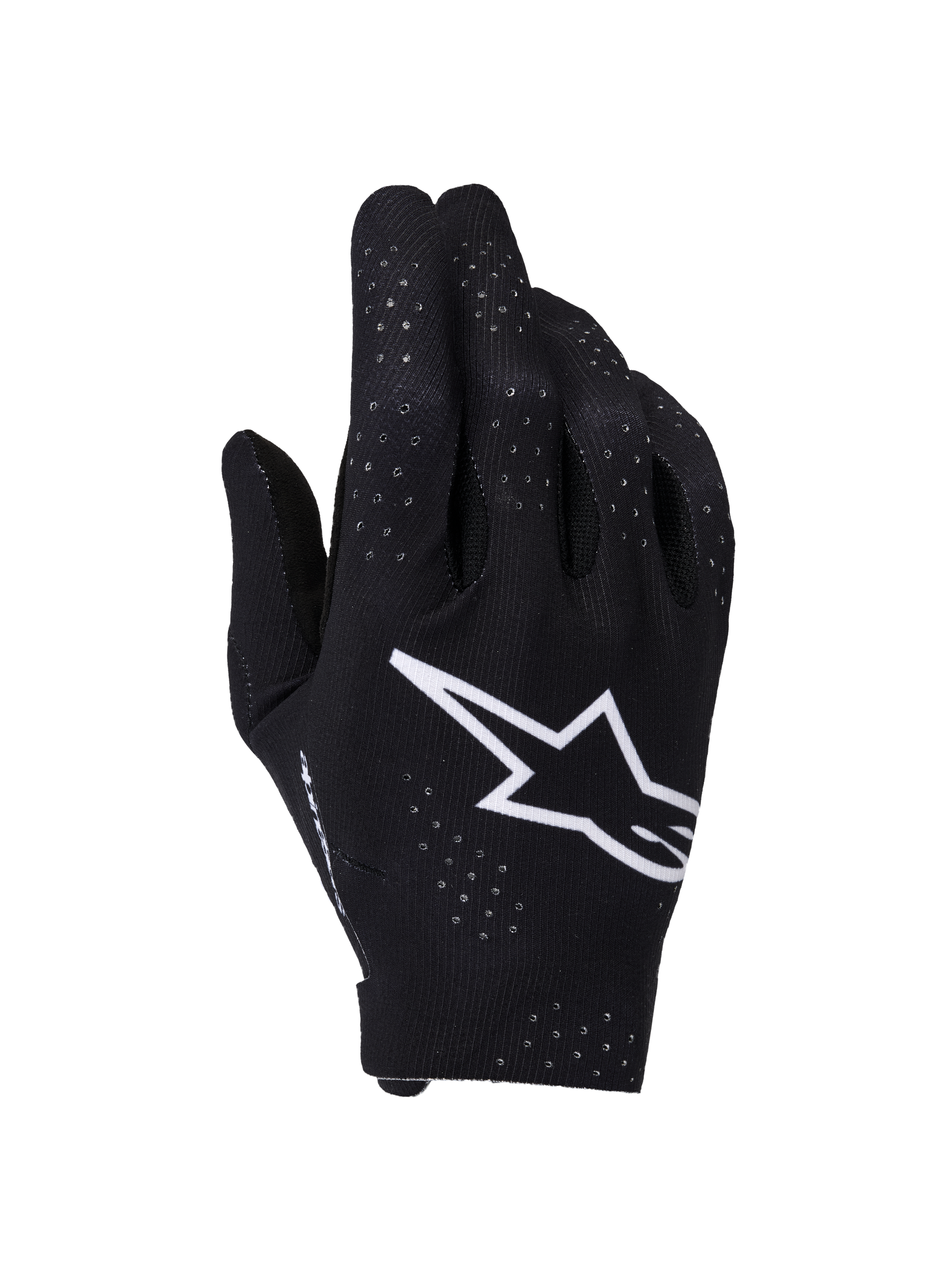 Alpinestars Supertech MX-handschoenen, motorcrosshandschoenen, zwart en wit, bovenzijde met een groot wit Astars-logo, lasergesneden perforaties voor ventilatie, naadloos ergonomisch ontwerp voor off-road racing