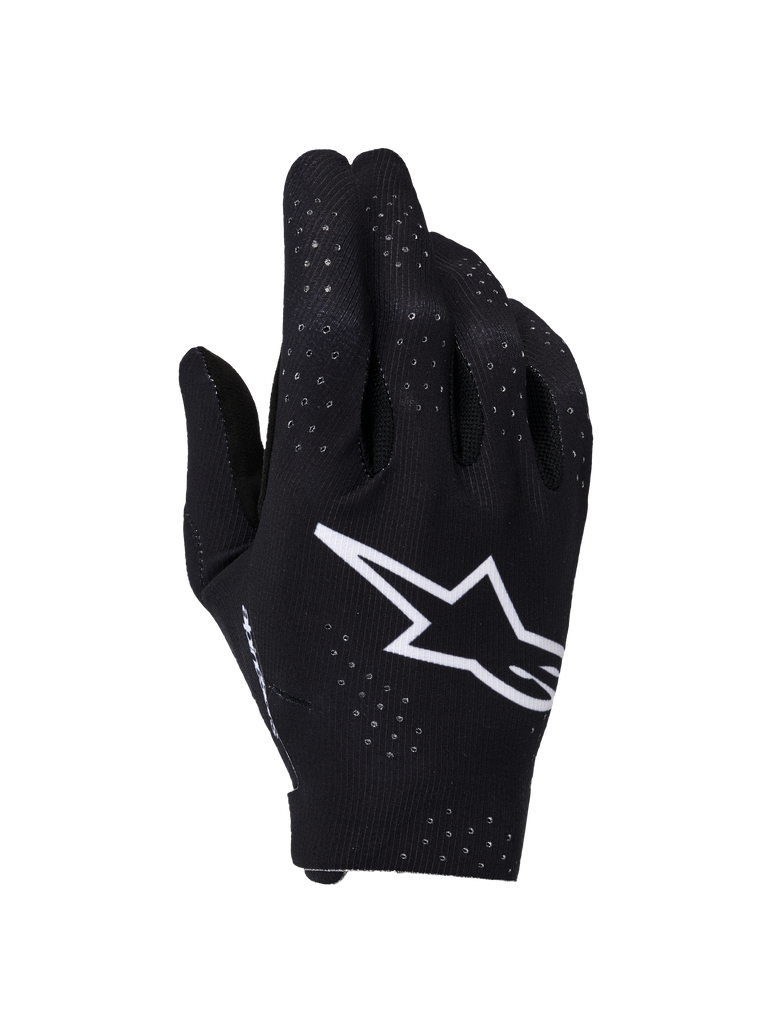 Alpinestars Supertech MX-handschoenen, motorcrosshandschoenen, zwart en wit, bovenzijde met een groot wit Astars-logo, lasergesneden perforaties voor ventilatie, naadloos ergonomisch ontwerp voor off-road racing