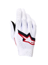 Alpinestars Supertech MX-handschoenen, motorcrosshandschoenen, wit met zwarte en Fire Red-accenten, bovenaanzicht met een opvallend Astar-logo, uitgebreide laserperforaties voor ventilatie en een lichtgewicht naadloze stretchconstructie voor professioneel racen