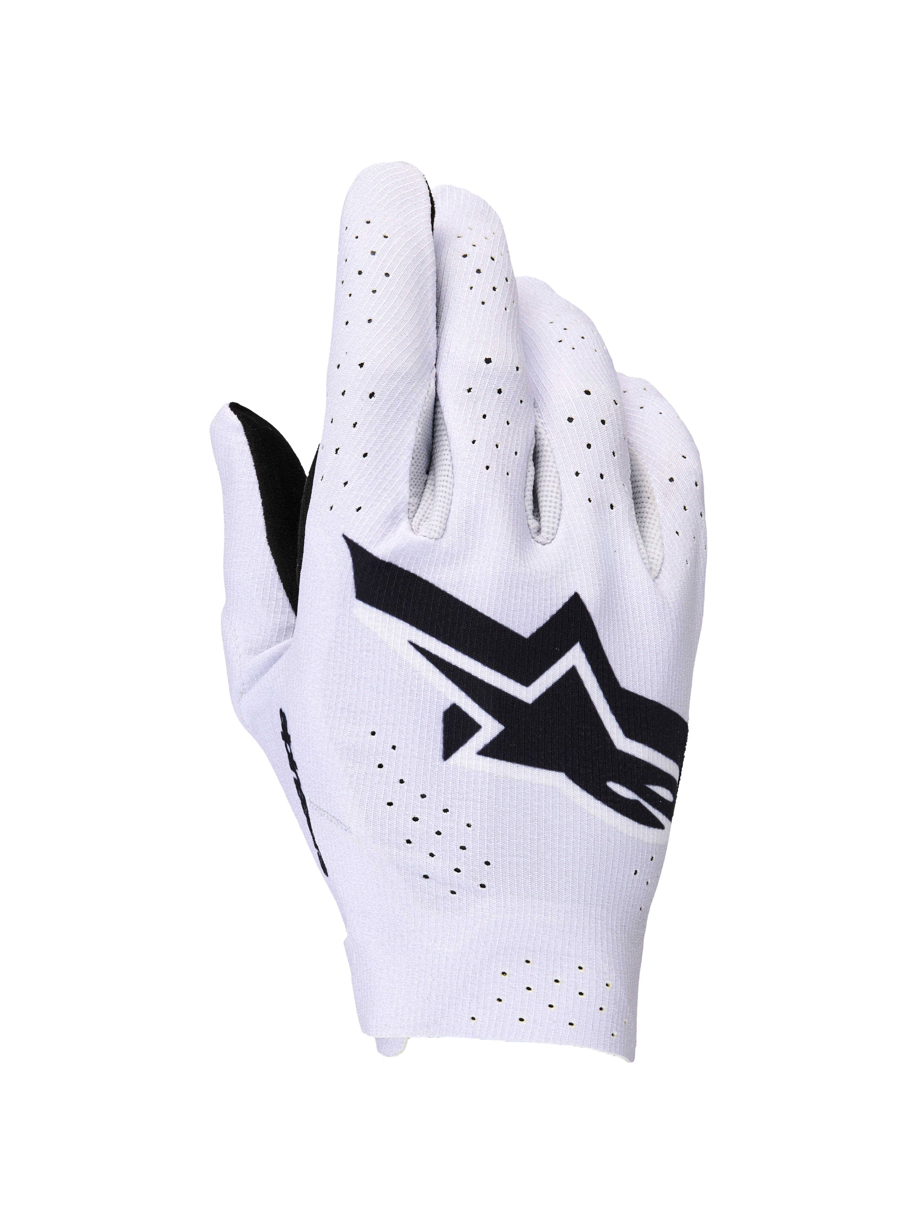 Alpinestars Supertech MX Gloves, Motocross Gloves, Light Lilac and Black, backhand view showing a large black Alpinestars logo and laser-cut perforations for airflow, lightweight single-layer stretch construction for off-road racing.