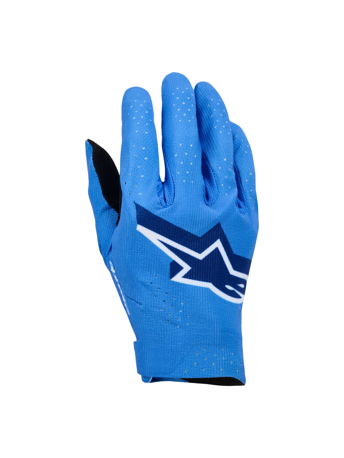 Alpinestars Supertech MX handschoenen, motocross racehandschoenen, Ucla blauw met diepblauw en witte accenten, met een groot sterlogo op de rug van de hand, laserperforaties voor ademend vermogen en een naadloos ergonomisch ontwerp voor off-road rijden.