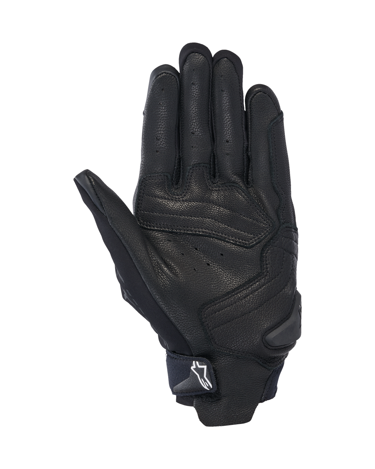 Alpinestars SP X 7 Gloves, Palm View, Black, short-cuff motorcycle sport gloves featuring perforated leather construction, reinforced palm overlays, and a TPR slider with a white Astars logo on the wrist strap