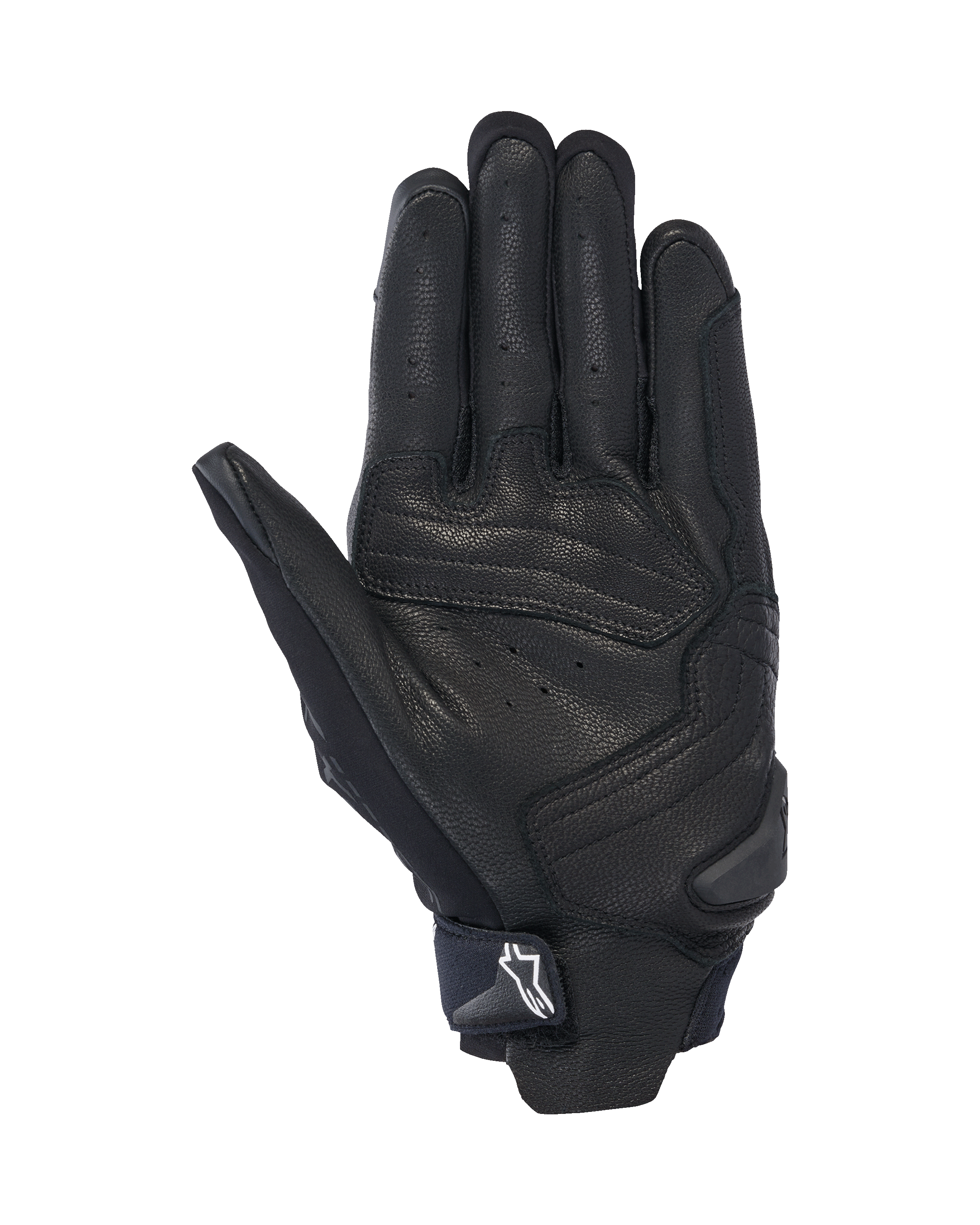 Alpinestars SP X 7 Gloves, Palm View, Black, short-cuff motorcycle sport gloves featuring perforated leather construction, reinforced palm overlays, and a TPR slider with a white Astars logo on the wrist strap