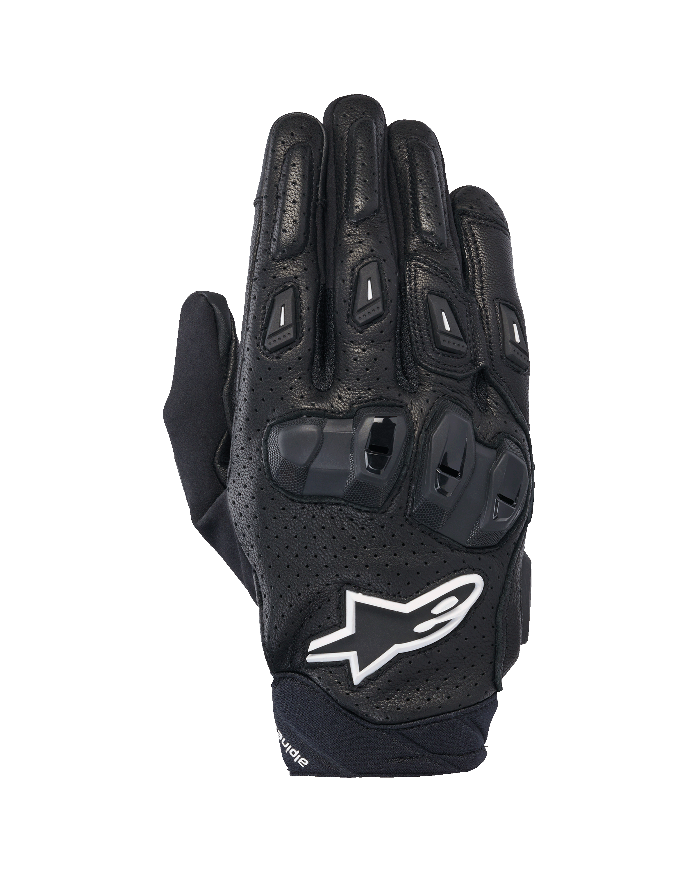 Alpinestars SP X 7 Gloves, Short Sports Motorcycle Gloves, Black and White, featuring perforated leather construction, double-density TPU knuckle protection, and white Alpinestars star logo, designed for performance road riding