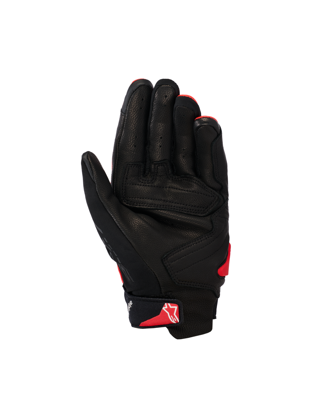 Alpinestars SP X 7 handschoenen, korte motorhandschoenen, zwart en felrood, handpalmaanzicht met geperforeerde leren constructie, versterkte handpalmpanelen en rood Astars-logo op de polsband