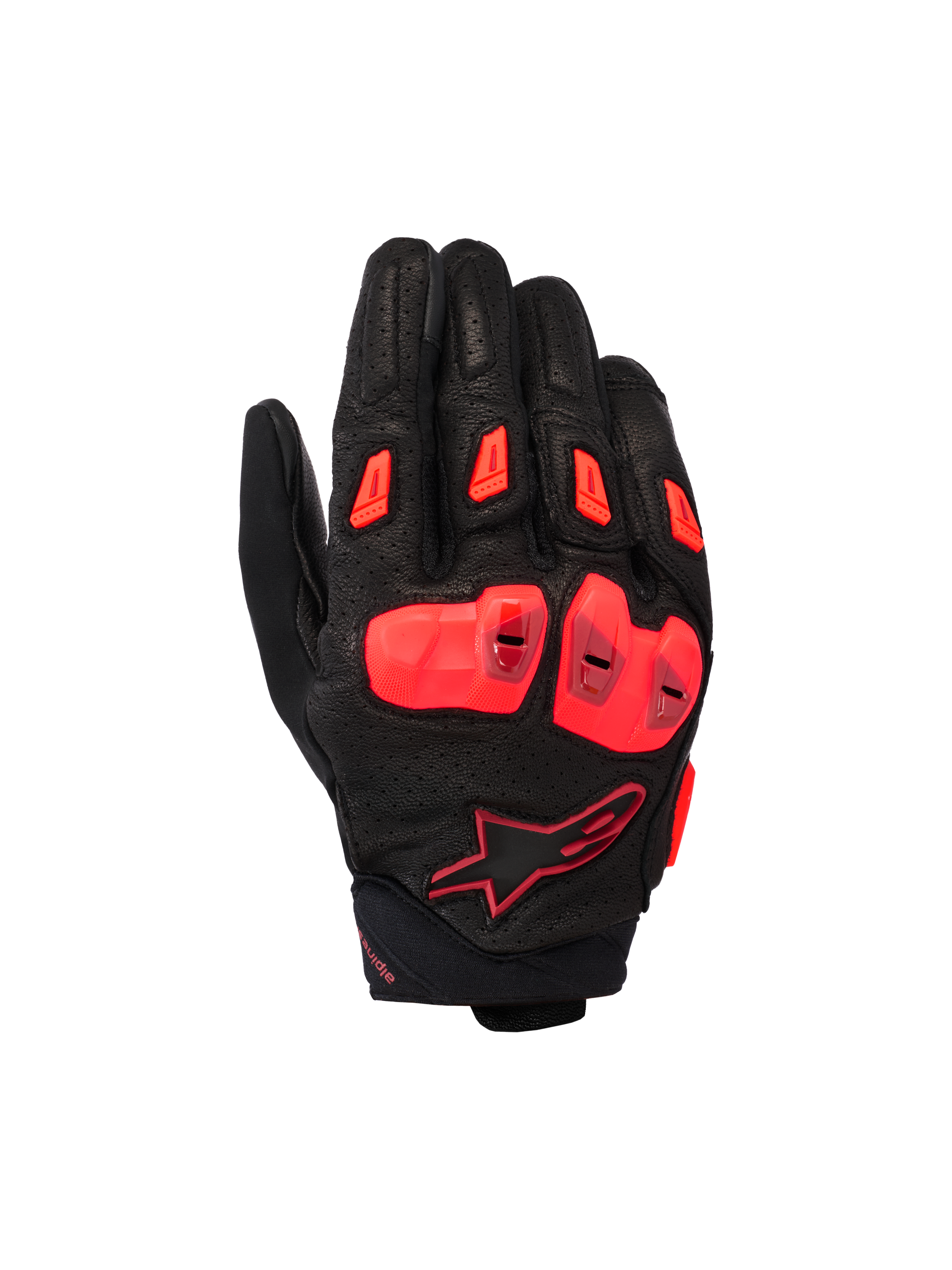 Alpinestars SP X 7 handschoenen, korte motorhandschoenen, zwart en fluo rood, geperforeerd lederen chassis met dubbele dichtheid TPU knokkelbescherming, TPR vinger-sliders en een compact manchetontwerp