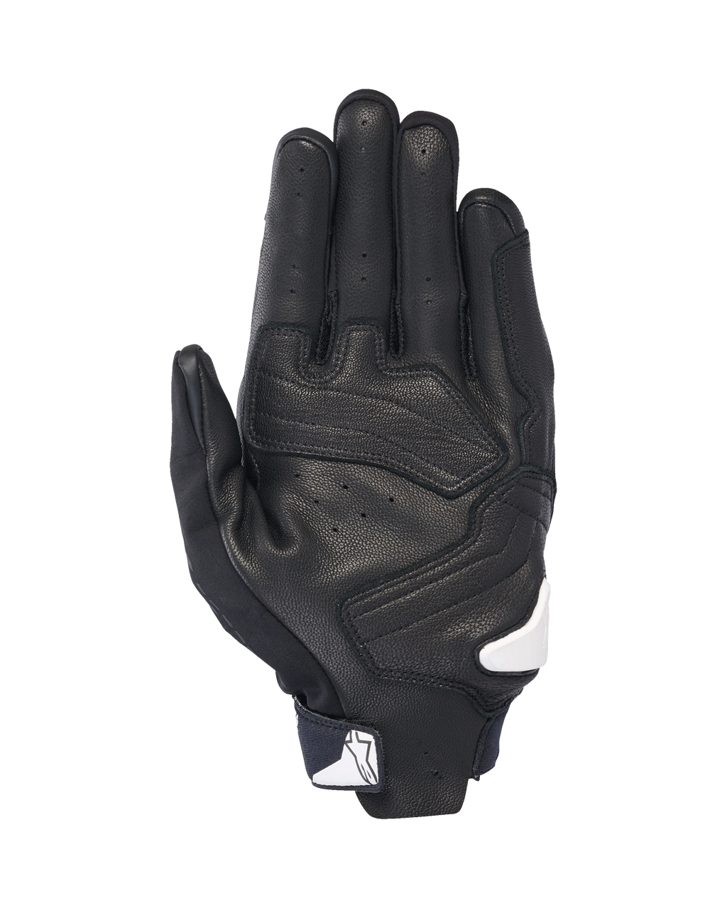Alpinestars SP X 7 handschoenen, handpalm-aanzicht, zwart met witte accenten, korte motorhandschoenen voorzien van geperforeerd leer, versterkte overlays op de handpalm en wit Alpinestars-logo op de polssluiting