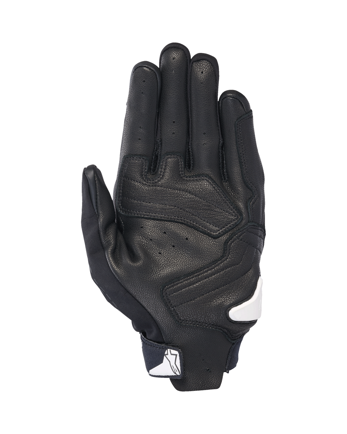 Alpinestars SP X 7 handschoenen, handpalm-aanzicht, zwart met witte accenten, korte motorhandschoenen voorzien van geperforeerd leer, versterkte overlays op de handpalm en wit Alpinestars-logo op de polssluiting