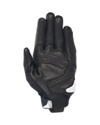 Alpinestars SP X 7 handschoenen, handpalm-aanzicht, zwart met witte accenten, korte motorhandschoenen voorzien van geperforeerd leer, versterkte overlays op de handpalm en wit Alpinestars-logo op de polssluiting