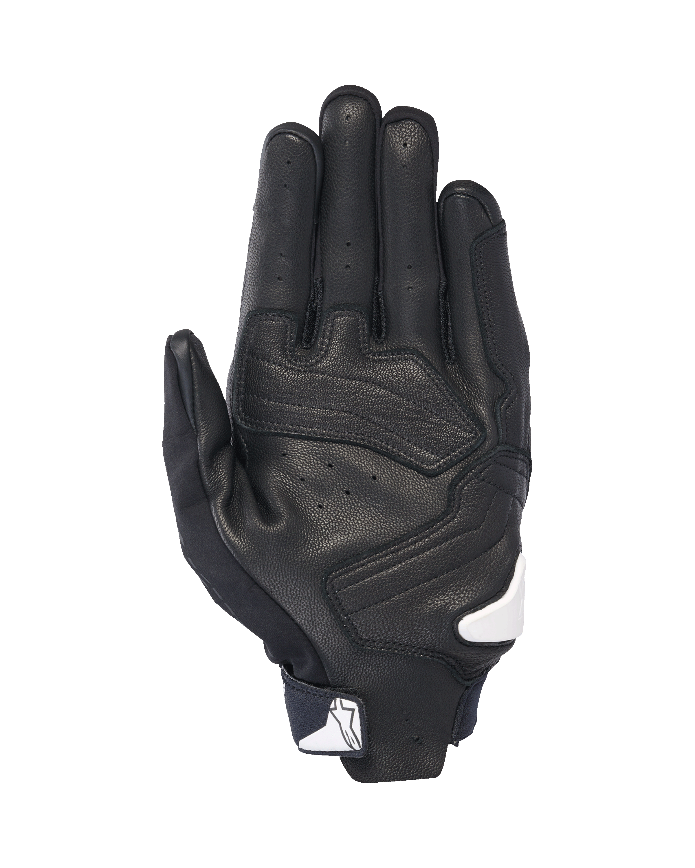 Alpinestars SP X 7 handschoenen, handpalm-aanzicht, zwart met witte accenten, korte motorhandschoenen voorzien van geperforeerd leer, versterkte overlays op de handpalm en wit Alpinestars-logo op de polssluiting