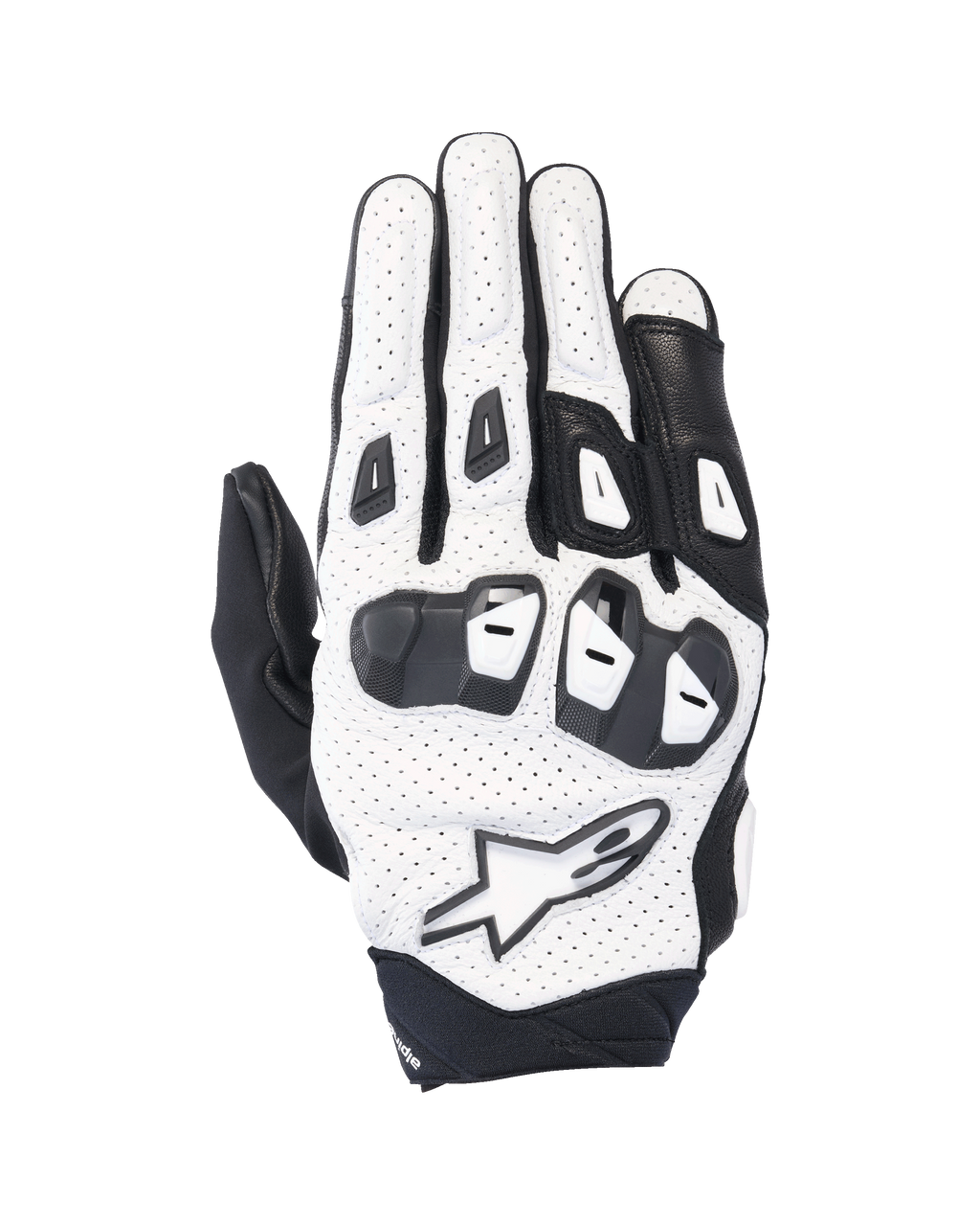 Alpinestars SP X 7 handschoenen, korte sportieve motorhandschoenen, wit en zwart, voorzien van een geperforeerde lederen constructie en TPU-knokkelbescherming met dubbele dichtheid, wit sterlogo, geventileerd ontwerp voor sportieve prestaties in de zomer