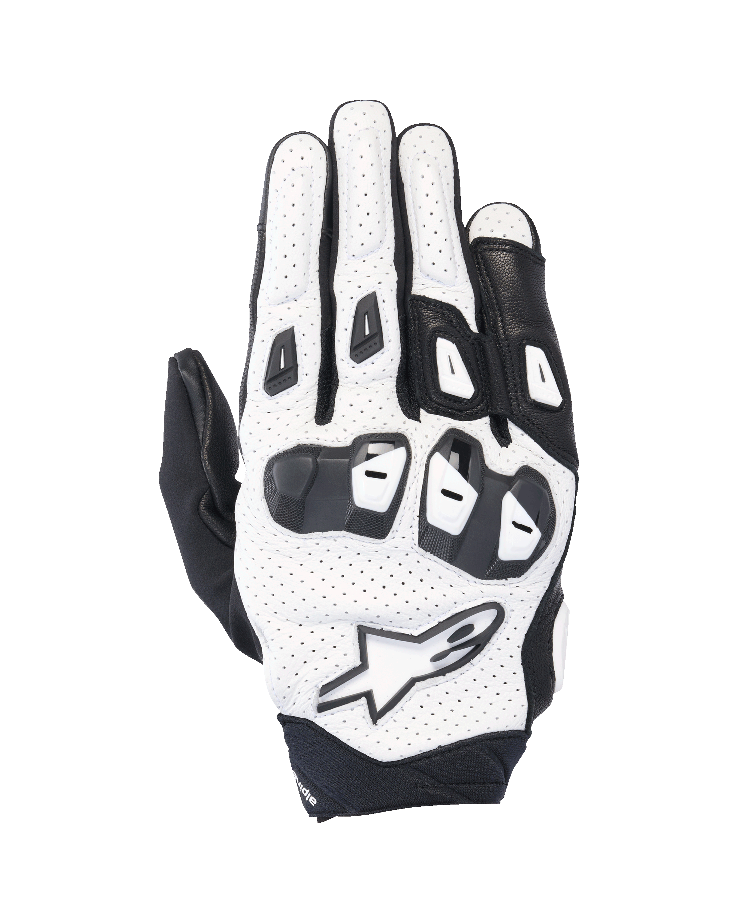 Alpinestars SP X 7 handschoenen, korte sportieve motorhandschoenen, wit en zwart, voorzien van een geperforeerde lederen constructie en TPU-knokkelbescherming met dubbele dichtheid, wit sterlogo, geventileerd ontwerp voor sportieve prestaties in de zomer