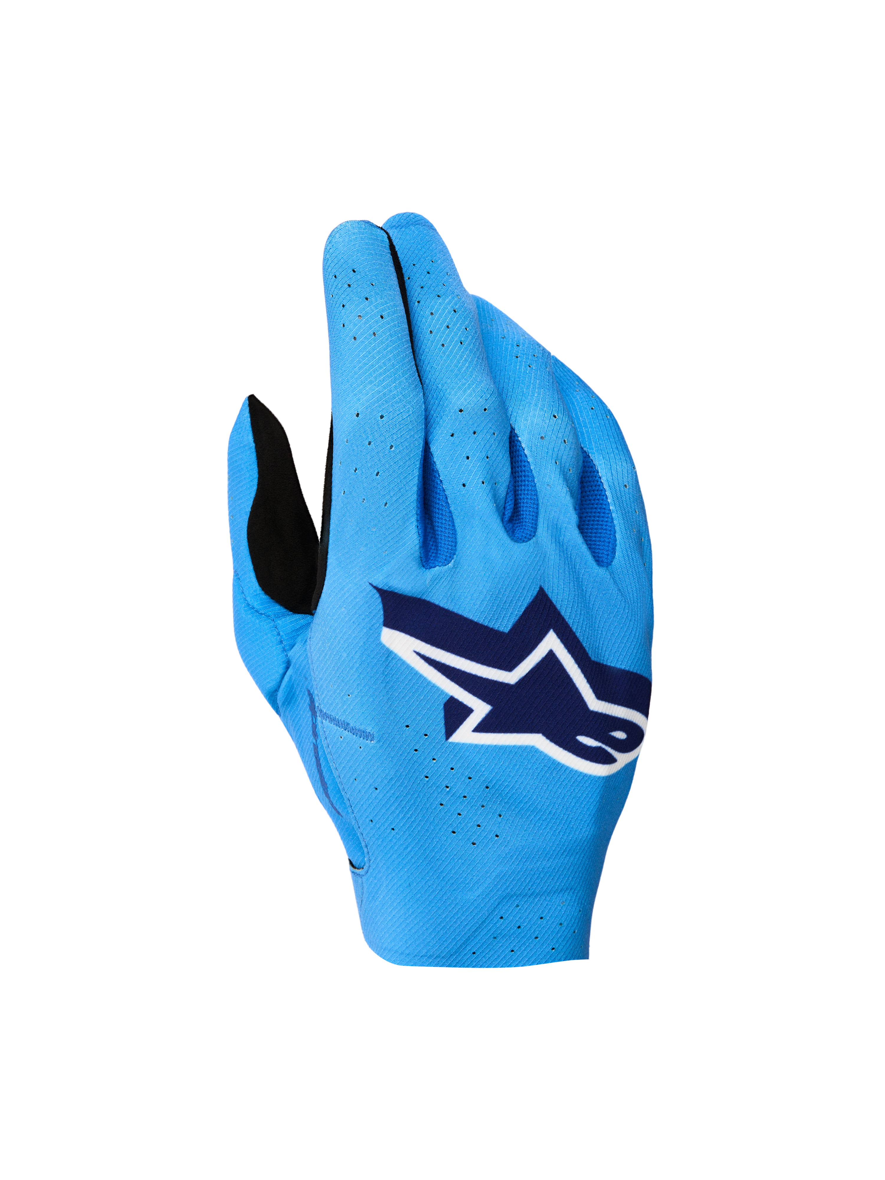 Alpinestars Supertech MX Gloves 2027, blue motocross racing gloves with a breathable stretch backhand and white logo.
