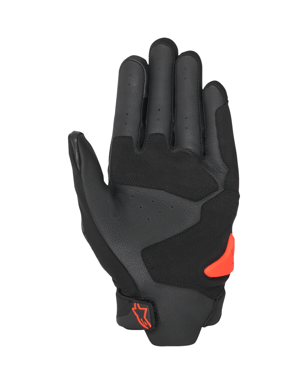 Alpinestars SP X 5 Air-handschoenen, palmzicht, zwart en fluo rood, geperforeerde leren palm met versterkte panelen, felrode TPR-palm slider, rood Alpinestars-logo op de polssluiting, sportieve motorhandschoenen