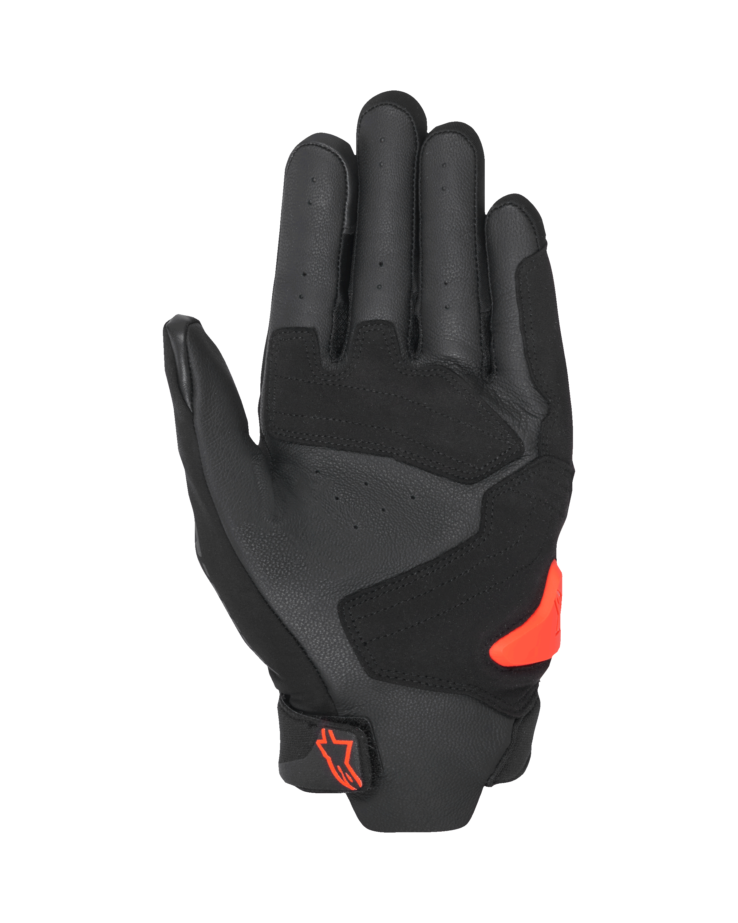 Alpinestars SP X 5 Air-handschoenen, palmzicht, zwart en fluo rood, geperforeerde leren palm met versterkte panelen, felrode TPR-palm slider, rood Alpinestars-logo op de polssluiting, sportieve motorhandschoenen