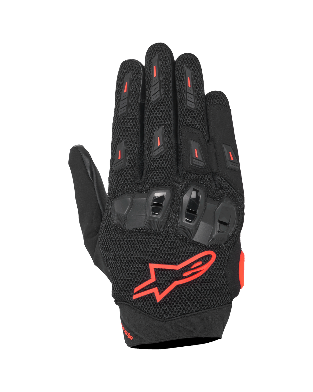 Alpinestars SP X 5 Air handschoenen, sportieve motorhandschoenen, zwart en fluorood, voorzien van een stretch 3D-mesh bovenhand, TPU knokkelbescherming met dubbele dichtheid, rood Alpinestars sterlogo, ademend geperforeerd ontwerp voor sportief rijden in de zomer