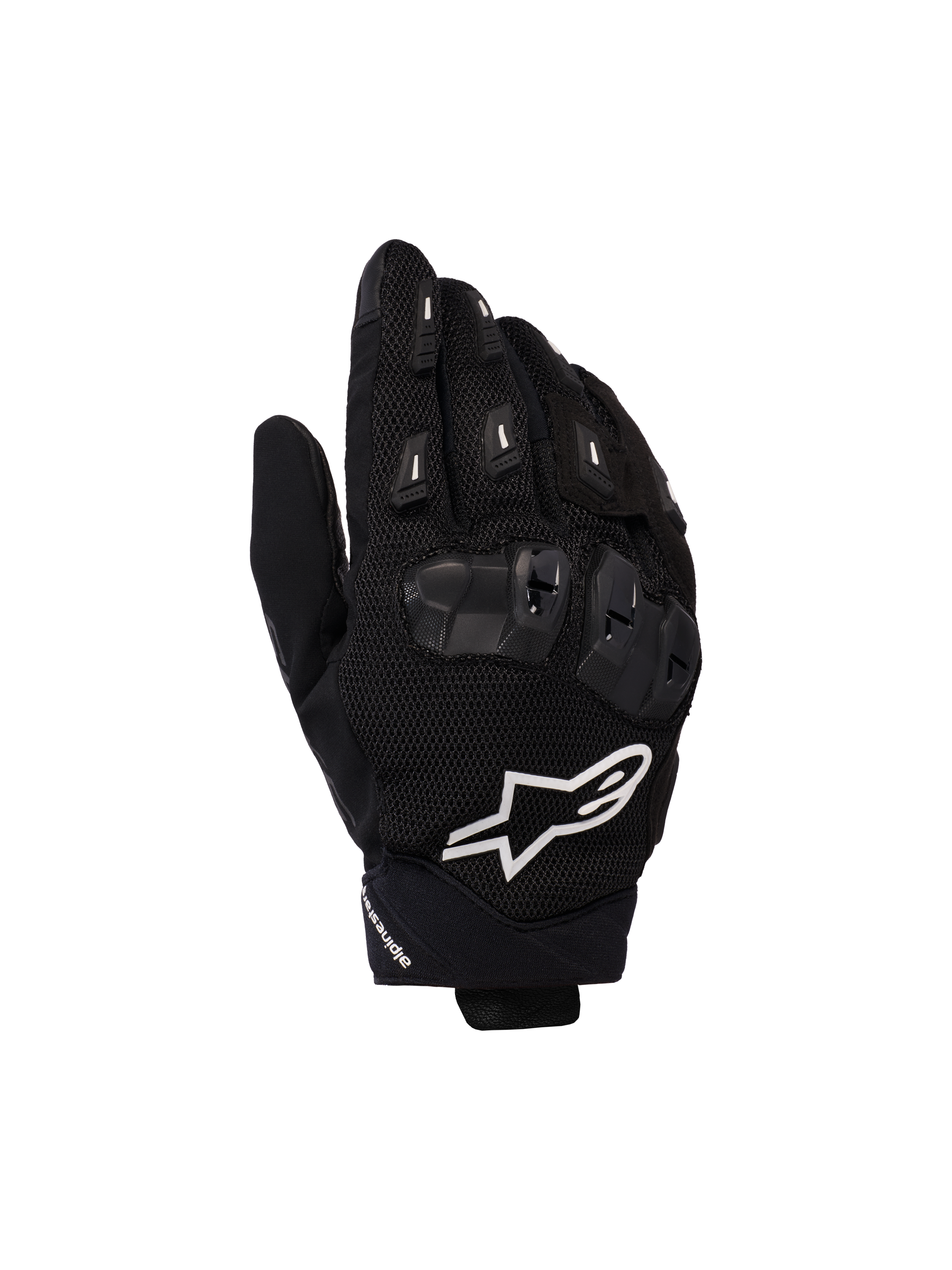 Alpinestars SP X 5 Air handschoenen, motorracehandschoenen, zwart met wit logo, voorzien van 3D-mesh constructie, TPU-knokkelbescherming en vingersliders