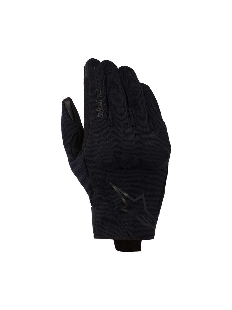 Alpinestars Reef V2 handschoenen, zwarte motorhandschoenen met korte manchet van getextureerde stretchstof, ergonomisch ontwerp met merklogo op de wijsvinger en ster-embleem op de handrug
