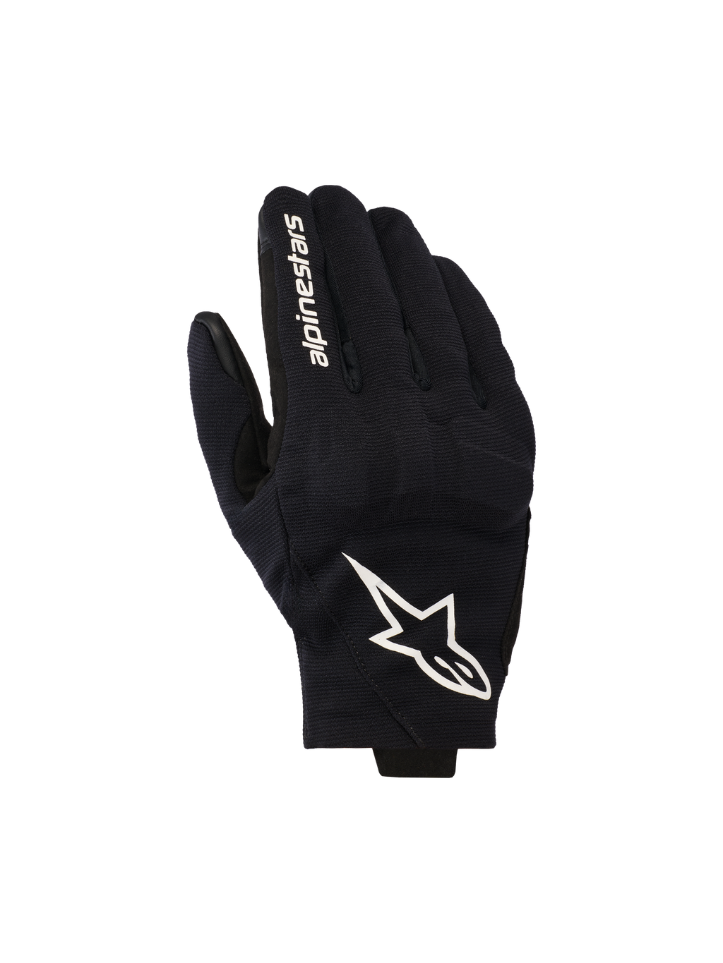 Alpinestars Reef V2 handschoenen, zwart-witte motorhandschoenen, voorzien van een bovenkant van getextureerde stretchstof met een opvallend wit sterlogo en merkbelettering op de wijsvinger, urban design met kort manchet