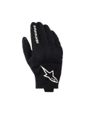 Alpinestars Reef V2 handschoenen, zwart-witte motorhandschoenen, voorzien van een bovenkant van getextureerde stretchstof met een opvallend wit sterlogo en merkbelettering op de wijsvinger, urban design met kort manchet