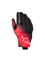 Alpinestars Reef V2 handschoenen, motorhandschoenen, zwart en rood fluo met een kleurverloop, wit Alpinestars ster-logo op de rug van de hand en tekst op de vinger, urban road riding stijl