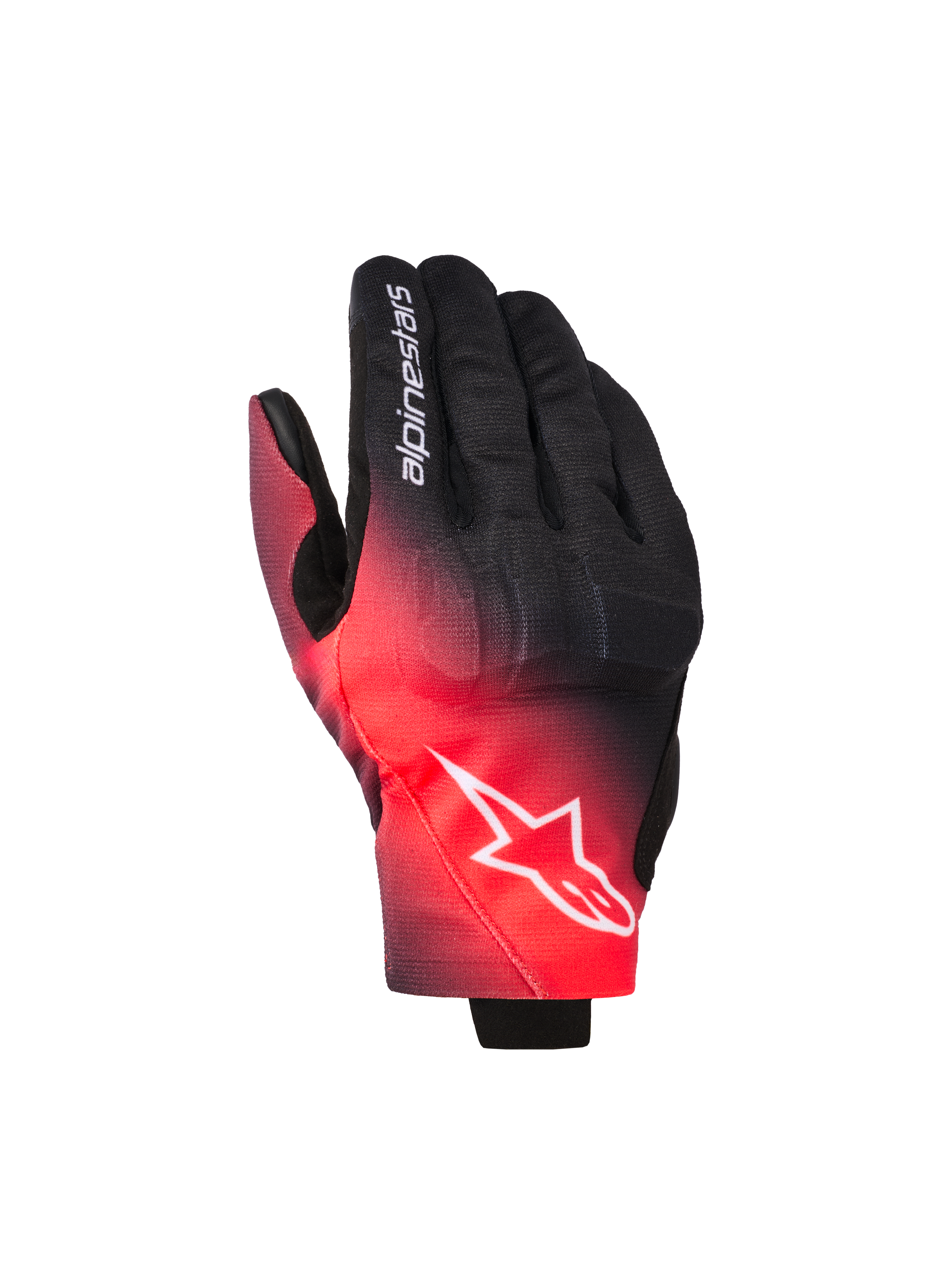 Alpinestars Reef V2 handschoenen, motorhandschoenen, zwart en rood fluo met een kleurverloop, wit Alpinestars ster-logo op de rug van de hand en tekst op de vinger, urban road riding stijl