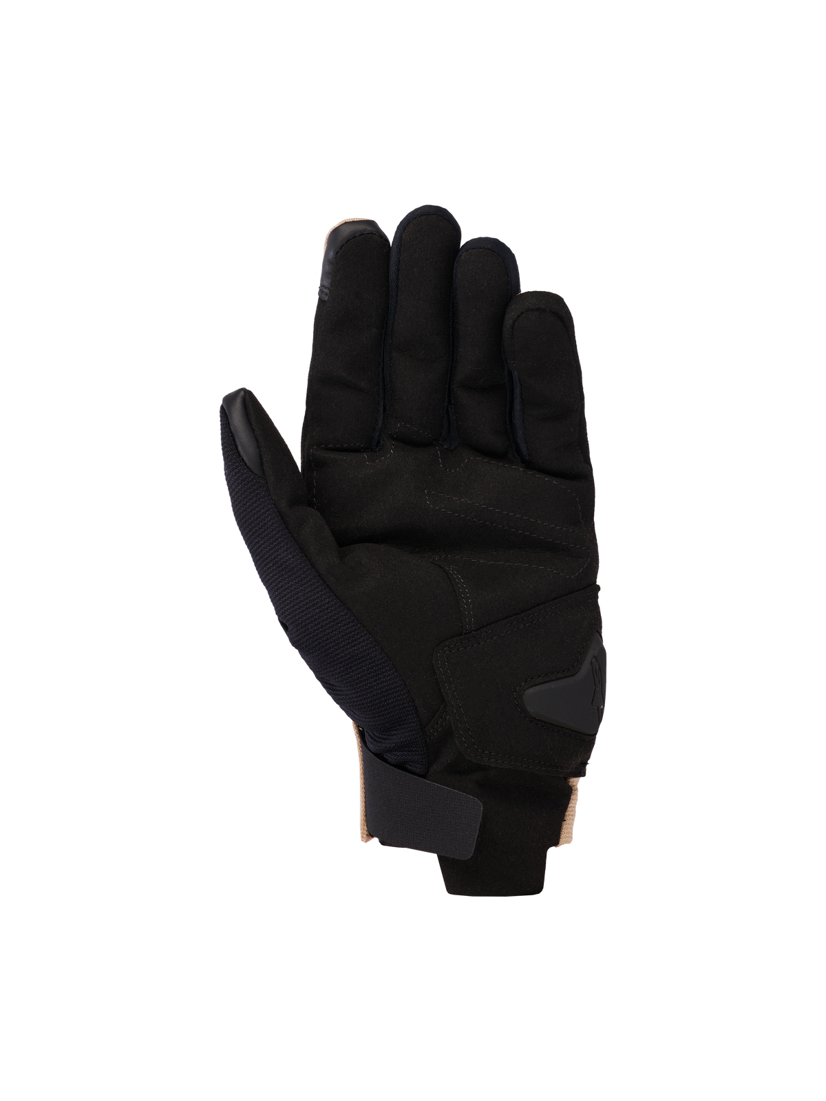 Alpinestars 2025 Reef V2 handschoenen, motorhandschoenen, Sand Black, palmzijde weergave met synthetisch suède palm en gewatteerde versterking, korte manchet met klittenbandsluiting en touchscreen-compatibele vingertoppen