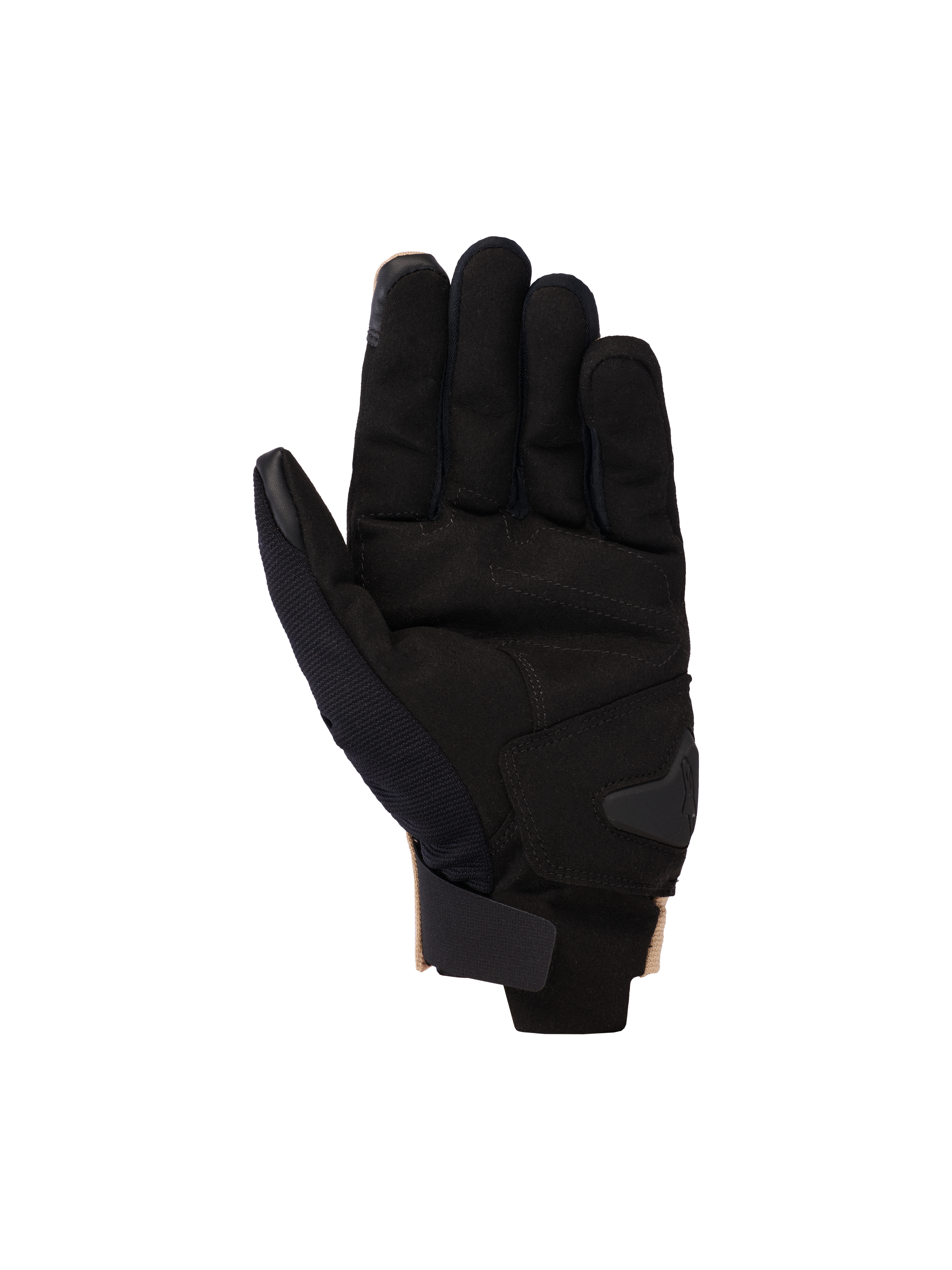 Alpinestars 2025 Reef V2 handschoenen, motorhandschoenen, Sand Black, palmzijde weergave met synthetisch suède palm en gewatteerde versterking, korte manchet met klittenbandsluiting en touchscreen-compatibele vingertoppen