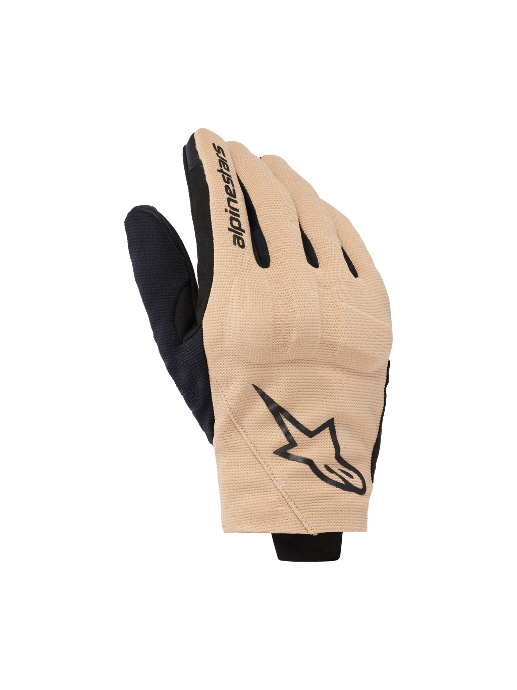 Alpinestars Reef V2 handschoenen, motorhandschoenen, zand en zwart, kort manchet urban design met geventileerde stretchstof, met zwart ster-logo op de rug van de hand en Alpinestars-tekst op de wijsvinger, moderne motorkleding voor op de weg