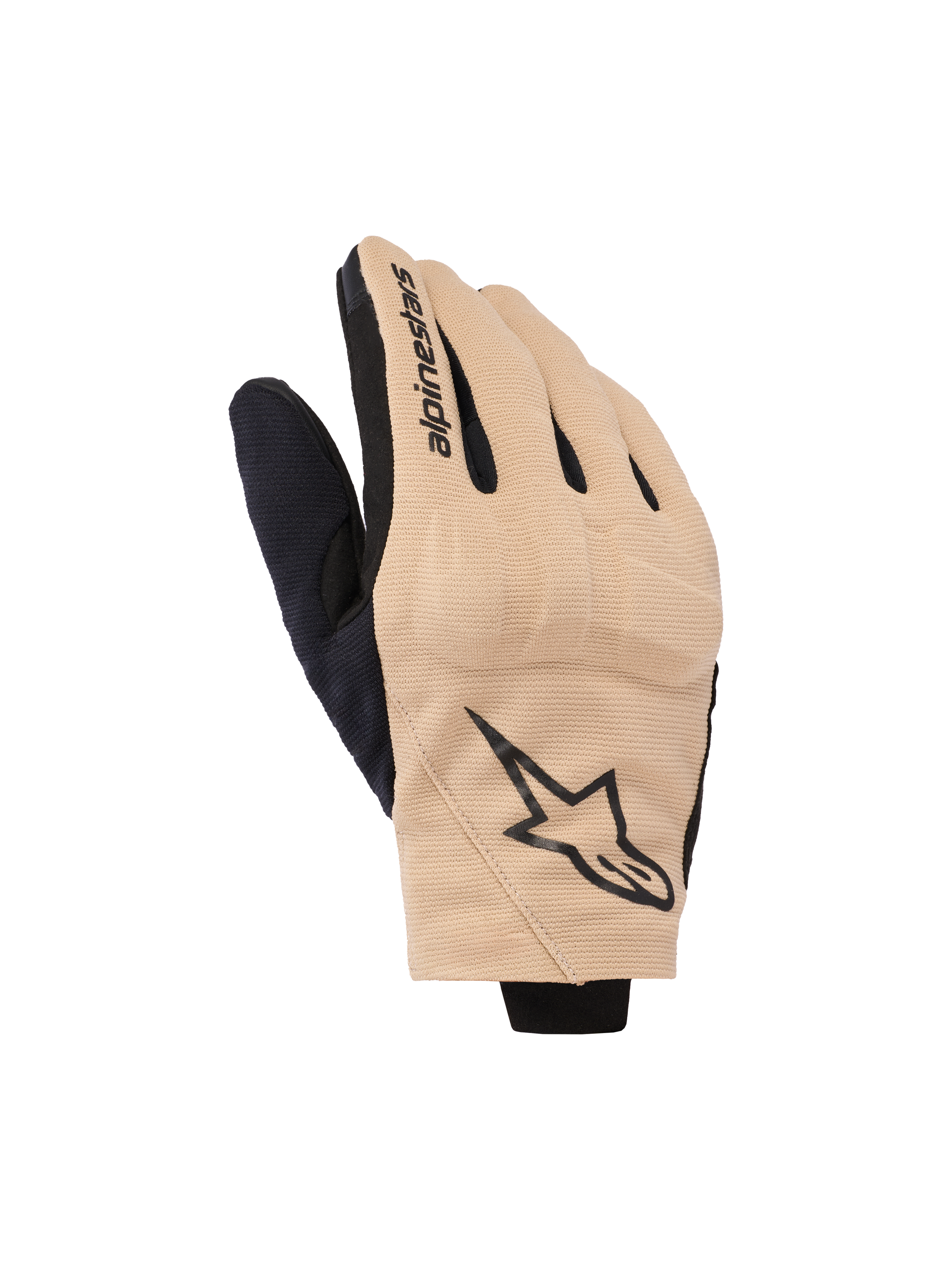 Alpinestars Reef V2 handschoenen, motorhandschoenen, zand en zwart, kort manchet urban design met geventileerde stretchstof, met zwart ster-logo op de rug van de hand en Alpinestars-tekst op de wijsvinger, moderne motorkleding voor op de weg