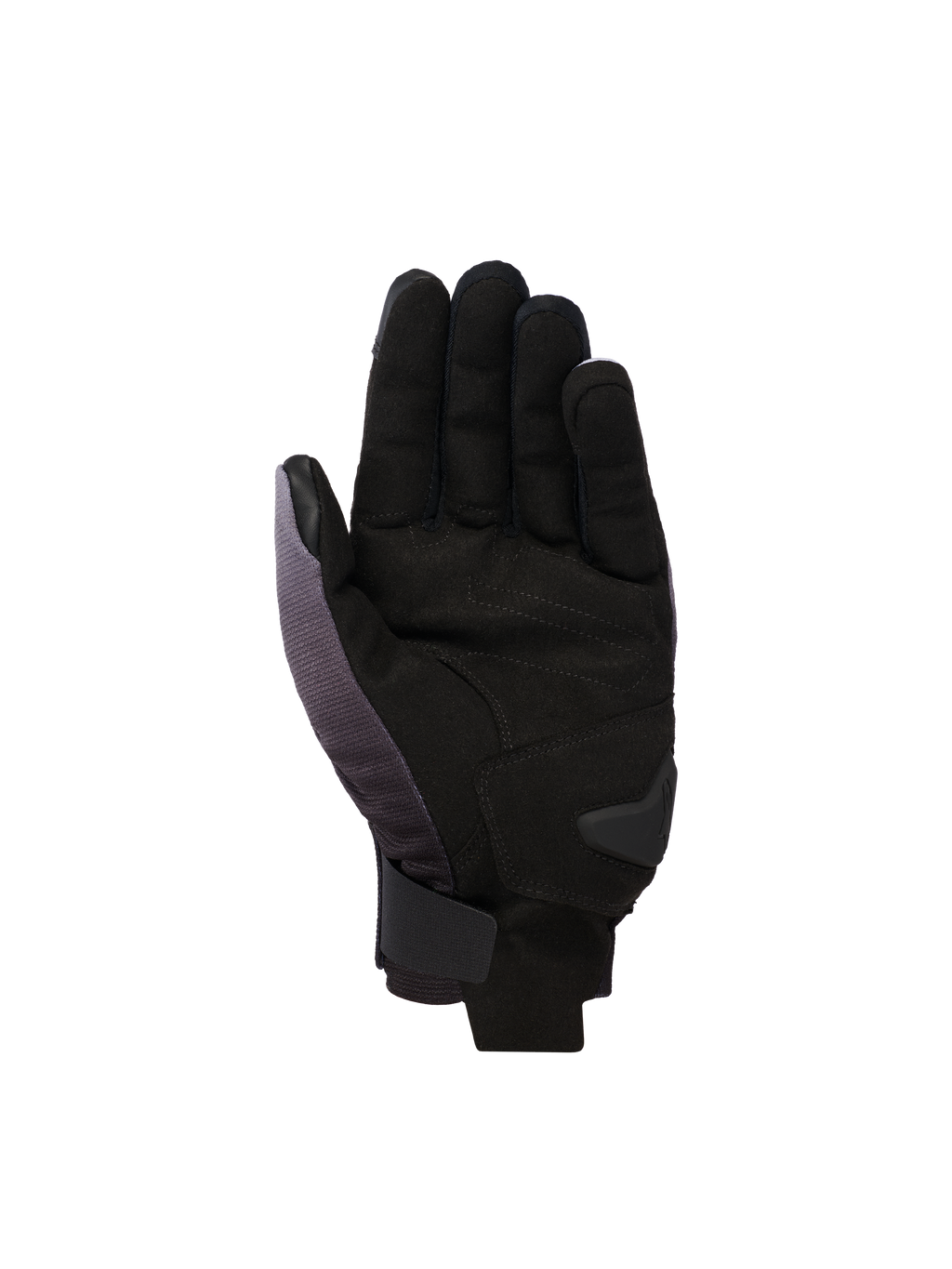 Alpinestars Reef V2-handschoenen, motorhandschoenen met korte manchet, Mid Gray Black White, zicht op de handpalm met synthetisch suède, gewatteerde versteviging en een veilige klittenbandsluiting aan de pols.