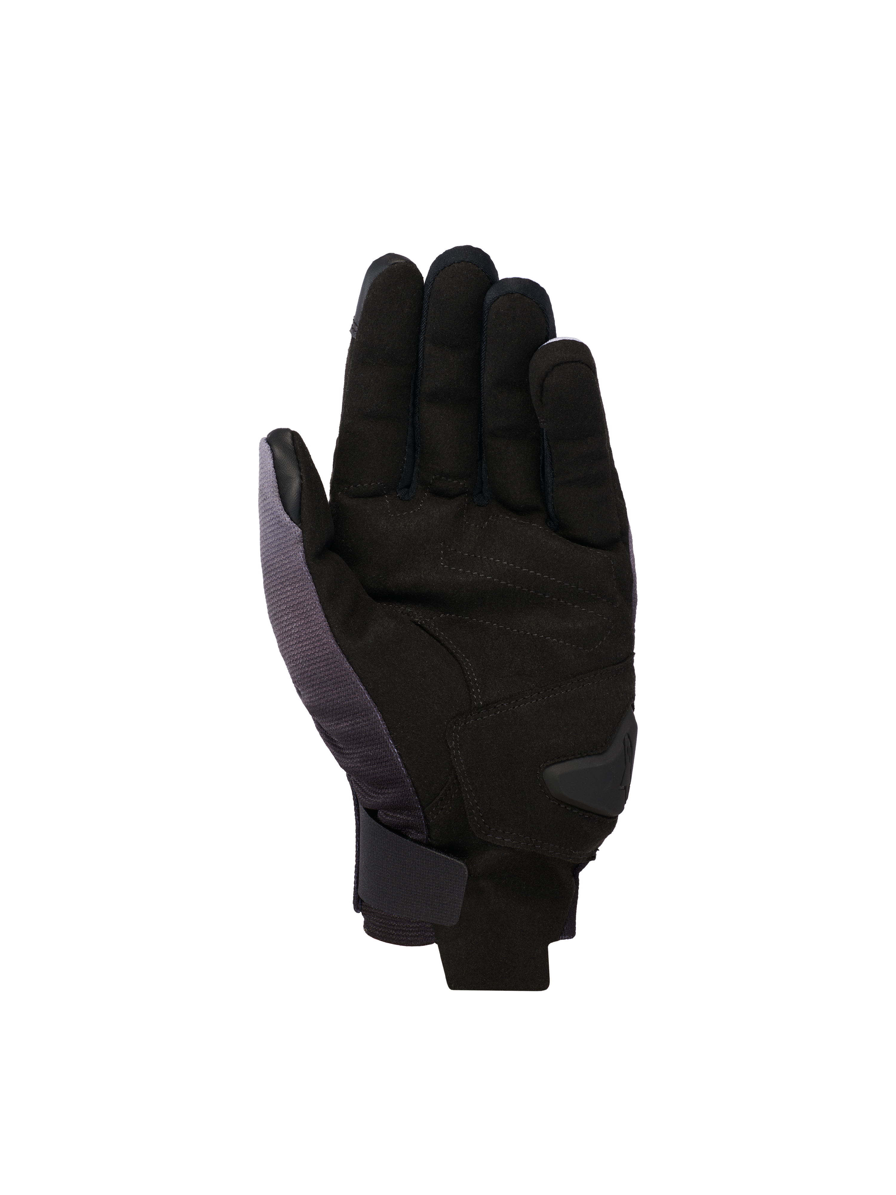 Alpinestars Reef V2-handschoenen, motorhandschoenen met korte manchet, Mid Gray Black White, zicht op de handpalm met synthetisch suède, gewatteerde versteviging en een veilige klittenbandsluiting aan de pols.