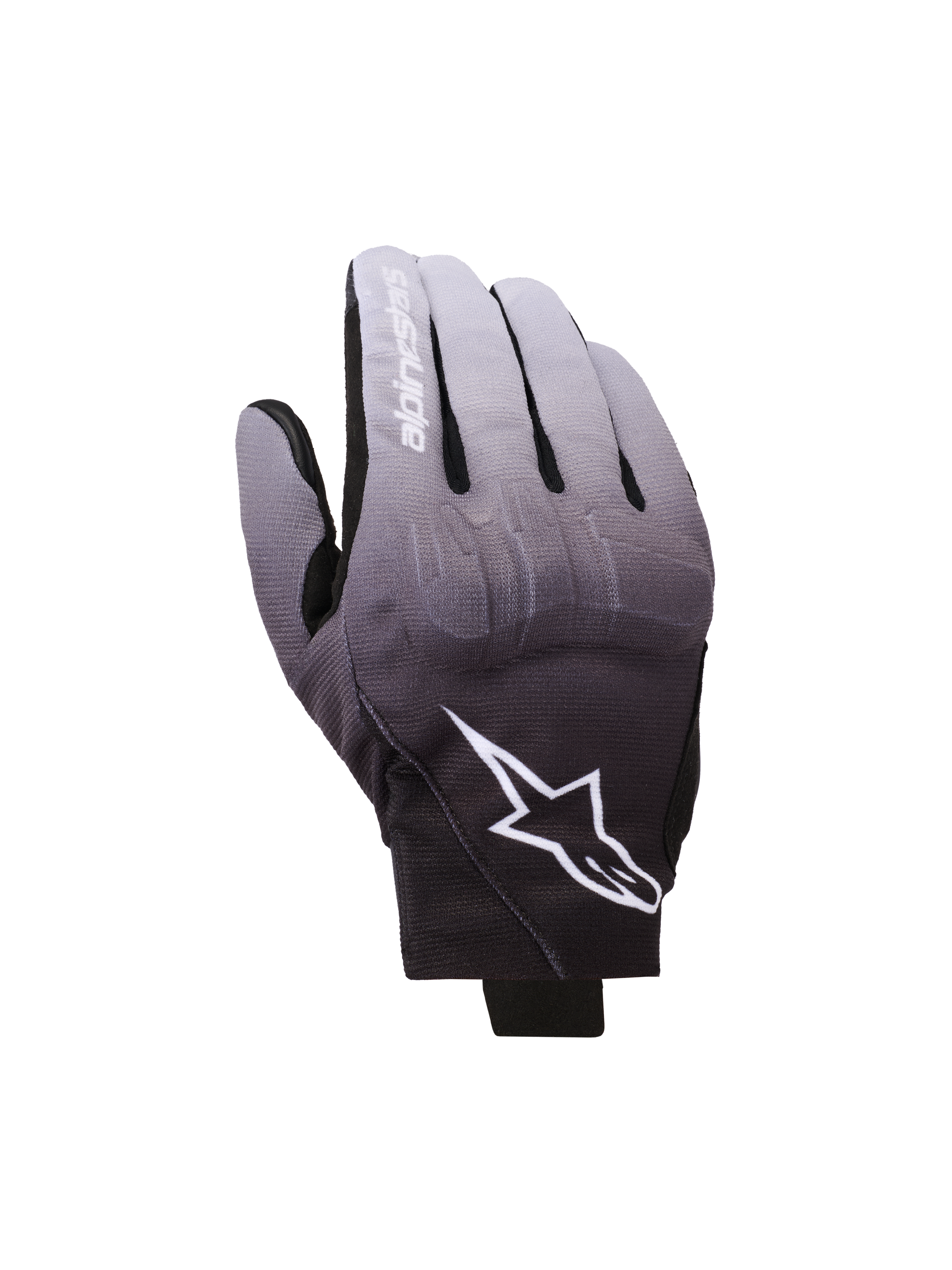 Alpinestars Reef V2 handschoenen, motorhandschoenen, grijs naar zwart kleurverloop, wit sterlogo en merknaam op de wijsvinger, urban design met kort manchet, TPU-knokkelbescherming en stretchtextiel